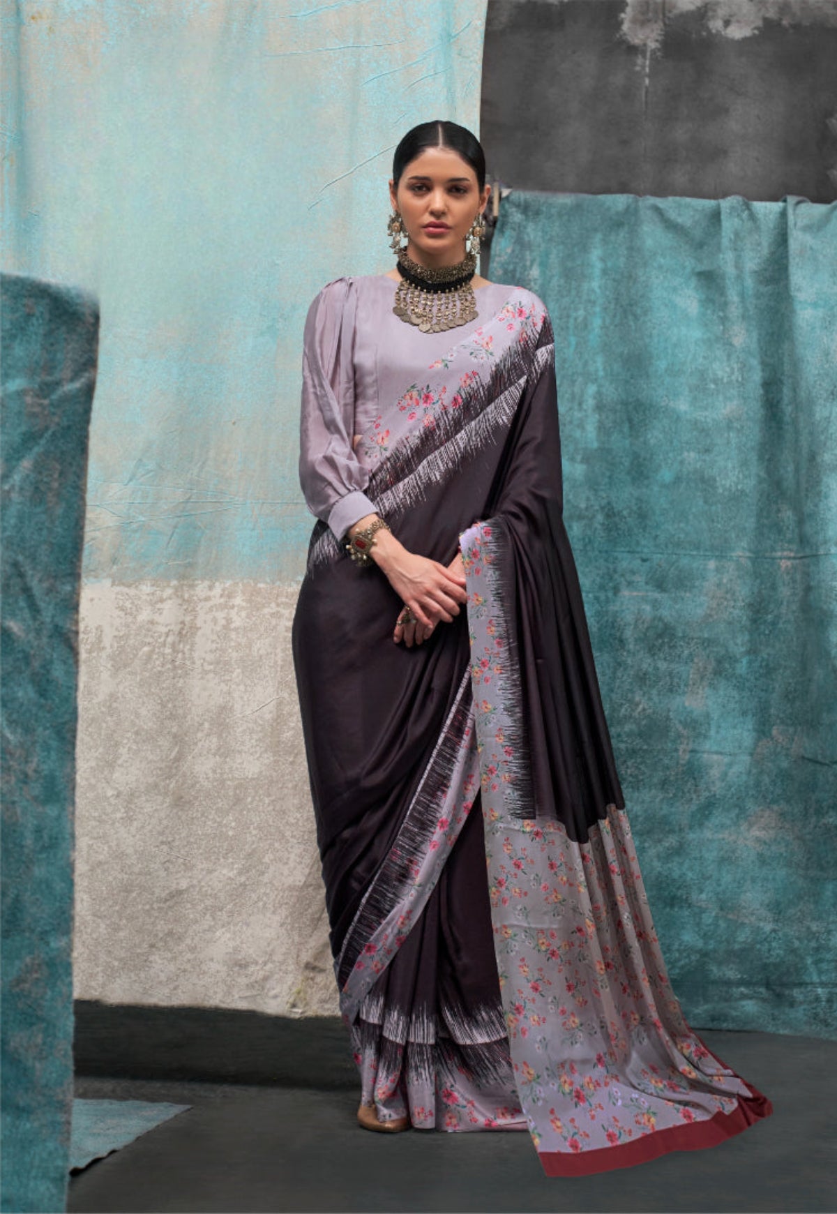 Light Grey & Black Printed Pure Crepe Silk Saree Online in India & USA - STORI