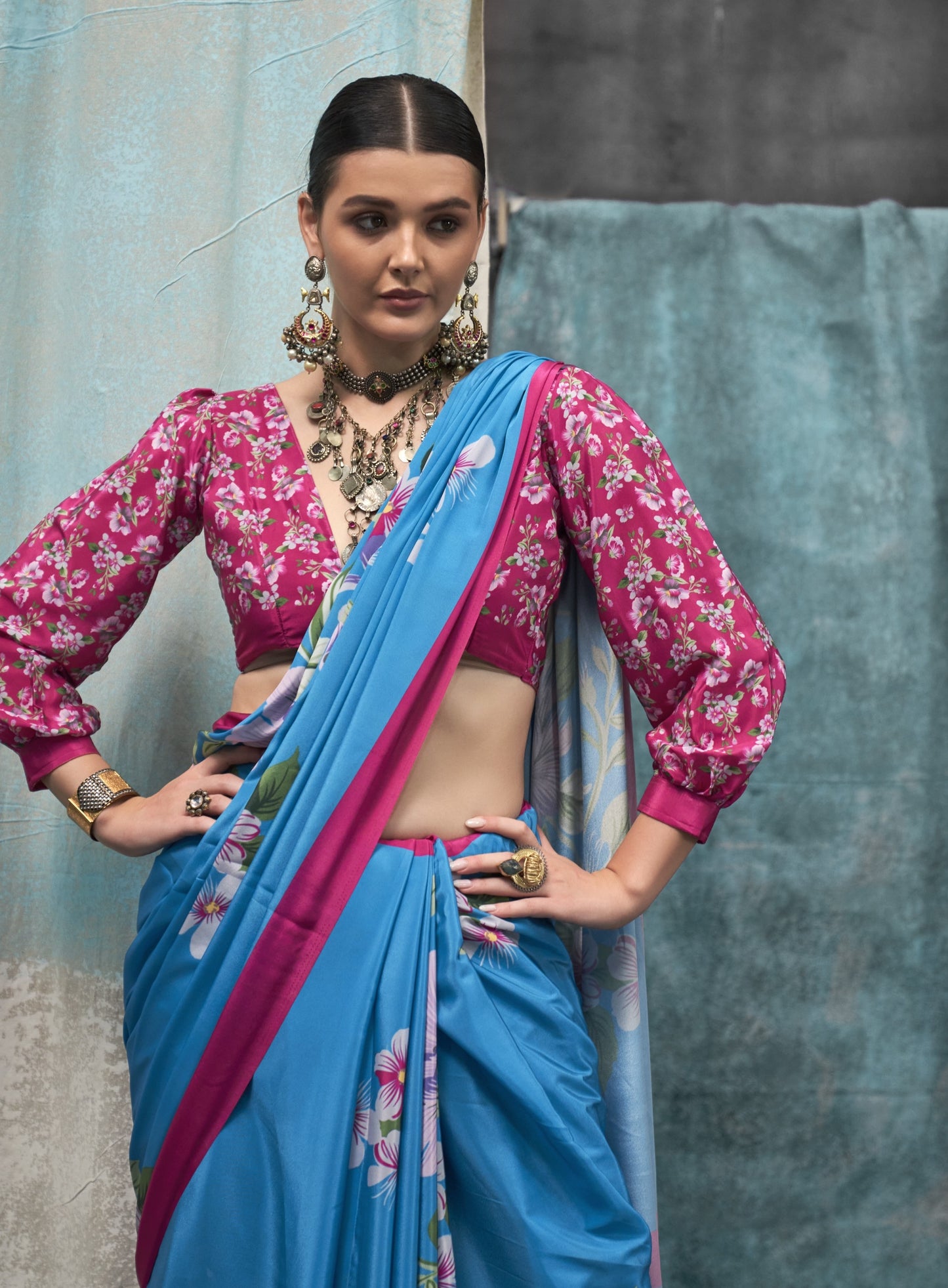 Blue Printed Pure Crepe Silk Saree Online in India & USA - STORI