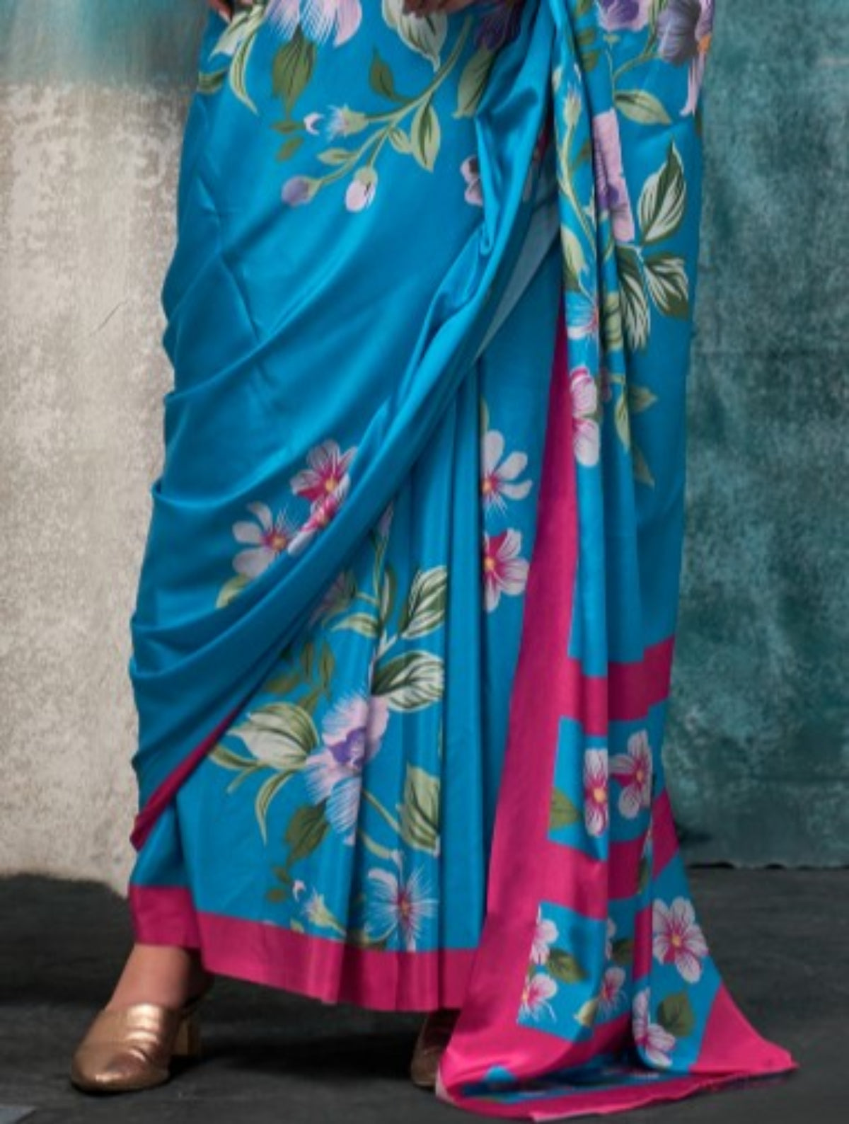 Blue Printed Pure Crepe Silk Saree Online in India & USA - STORI