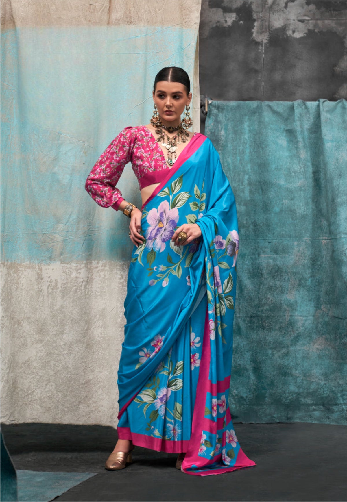 Blue Printed Pure Crepe Silk Saree Online in India & USA - STORI