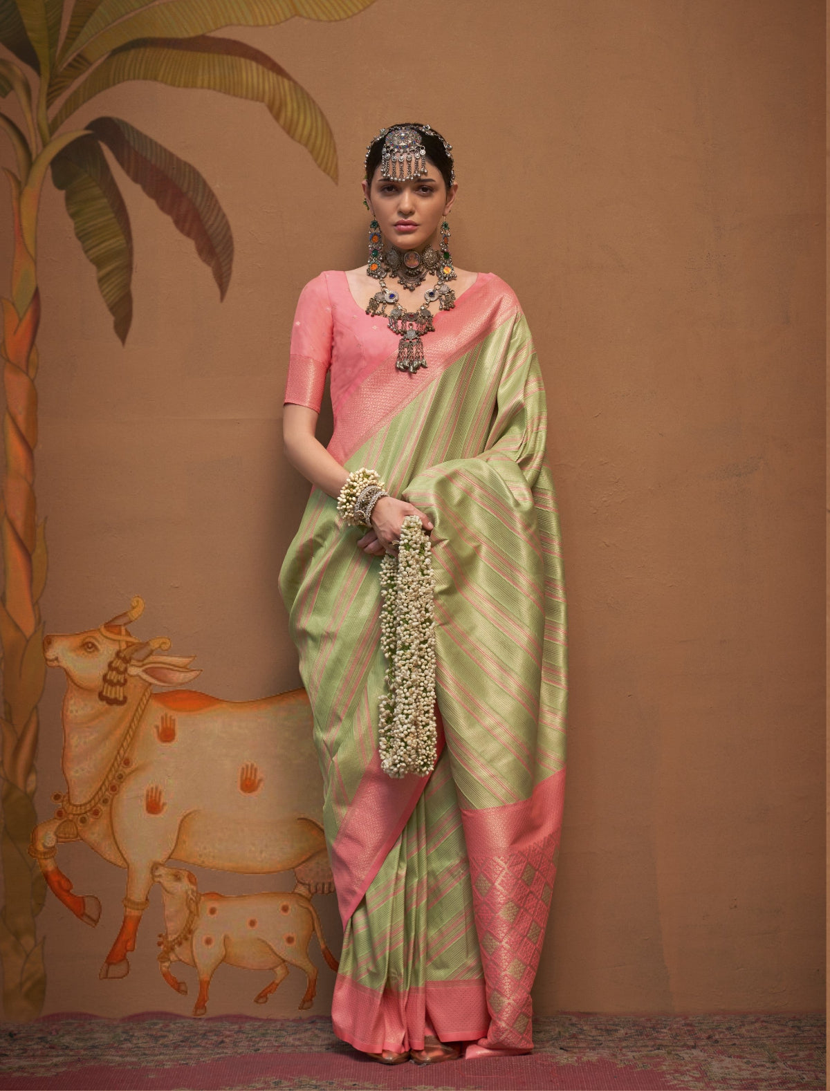 Olive Green Handloom Woven Silk Saree Online in India & USA