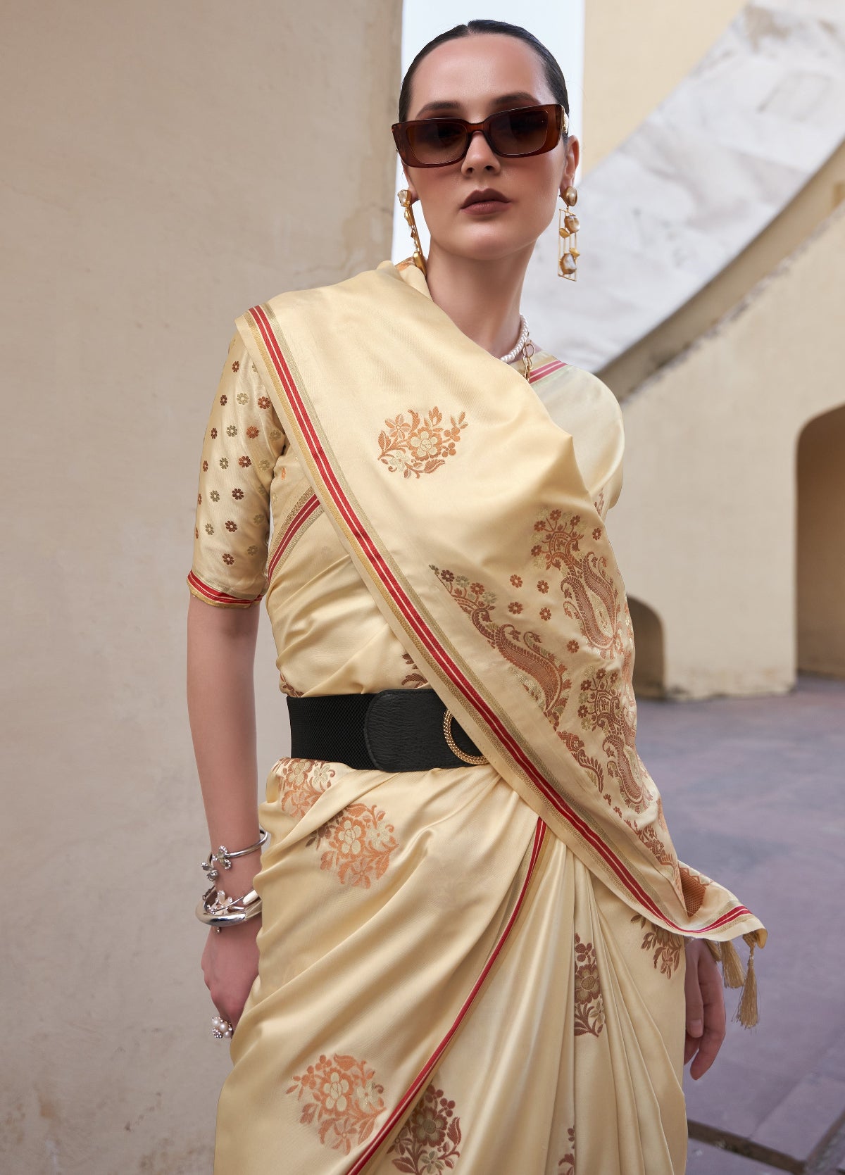 Gold Cream Satin Silk Saree Online in India