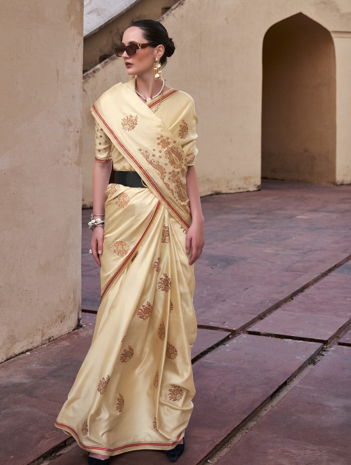 Gold Cream Satin Silk Saree Online in India