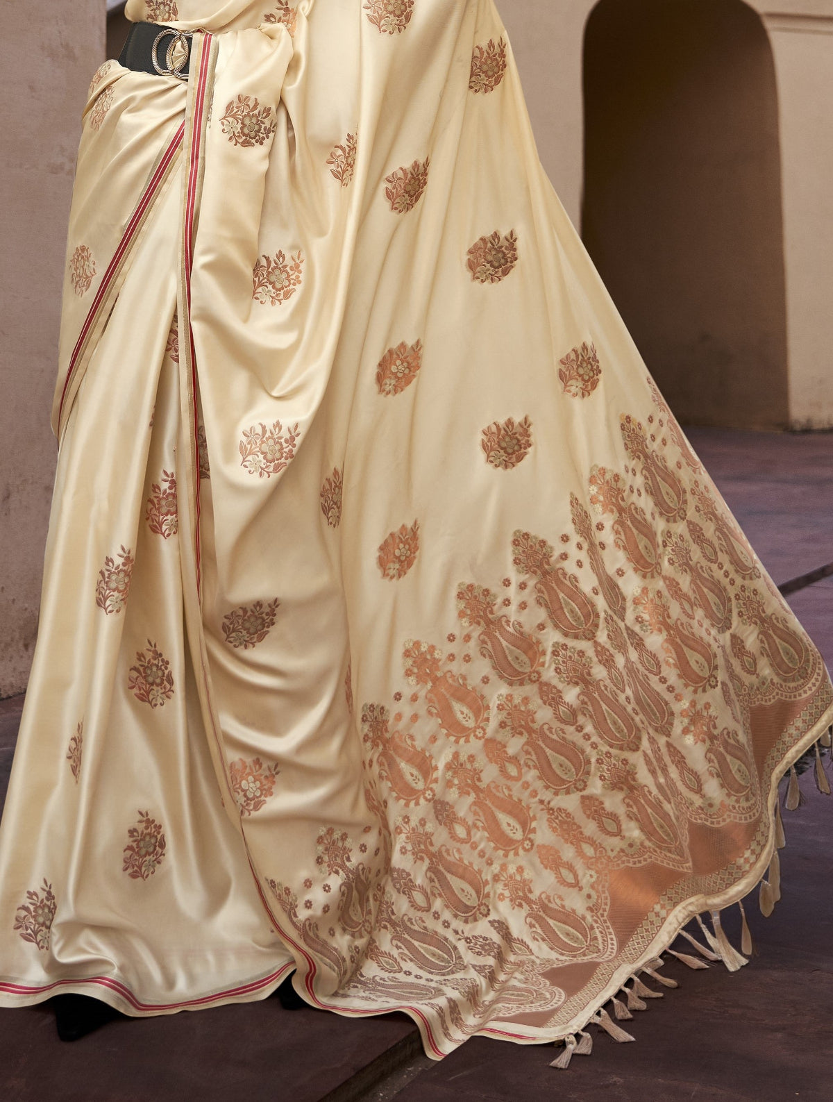 Gold Cream Satin Silk Saree Online in India