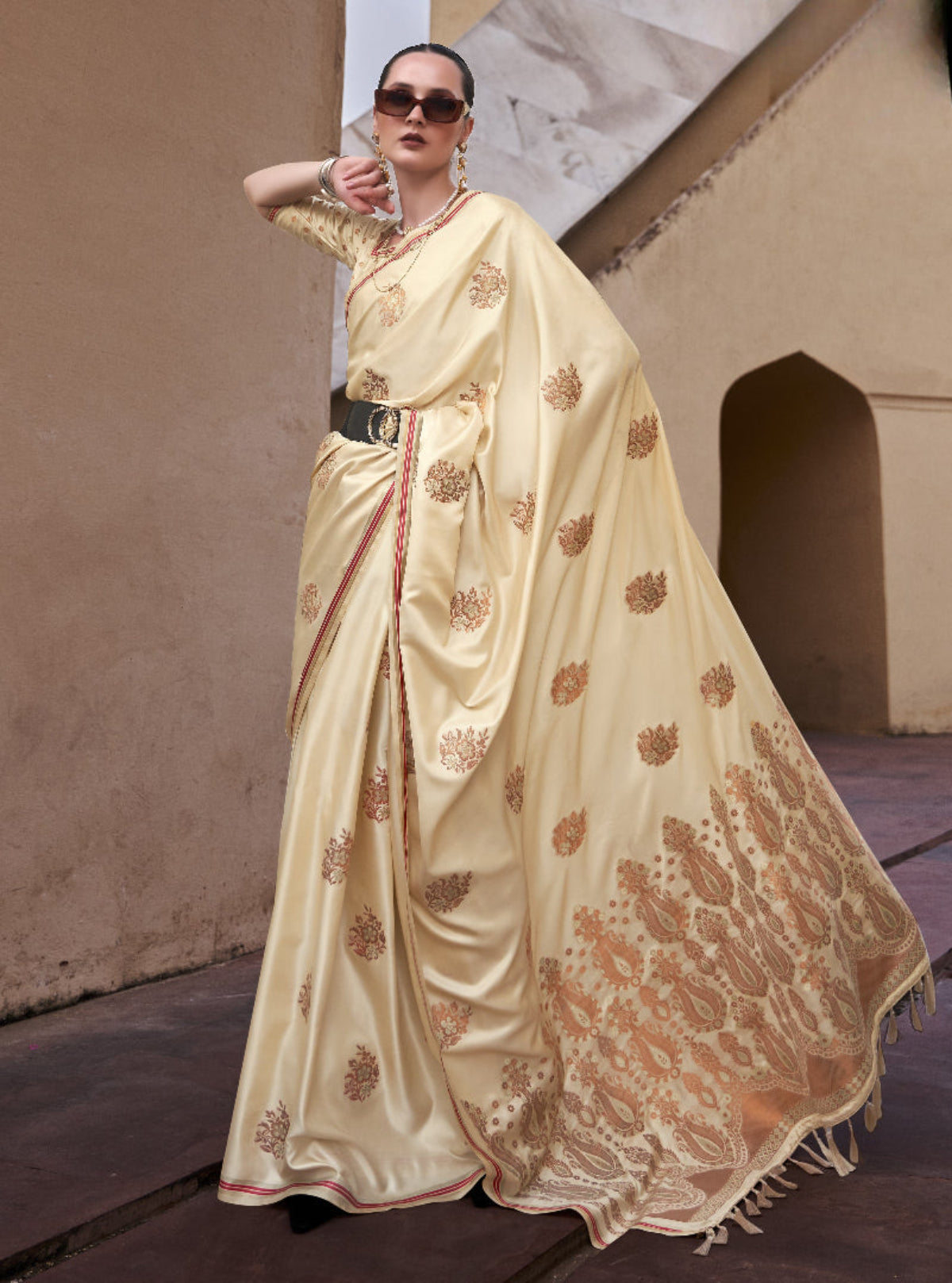 Gold Cream Satin Silk Saree Online in India