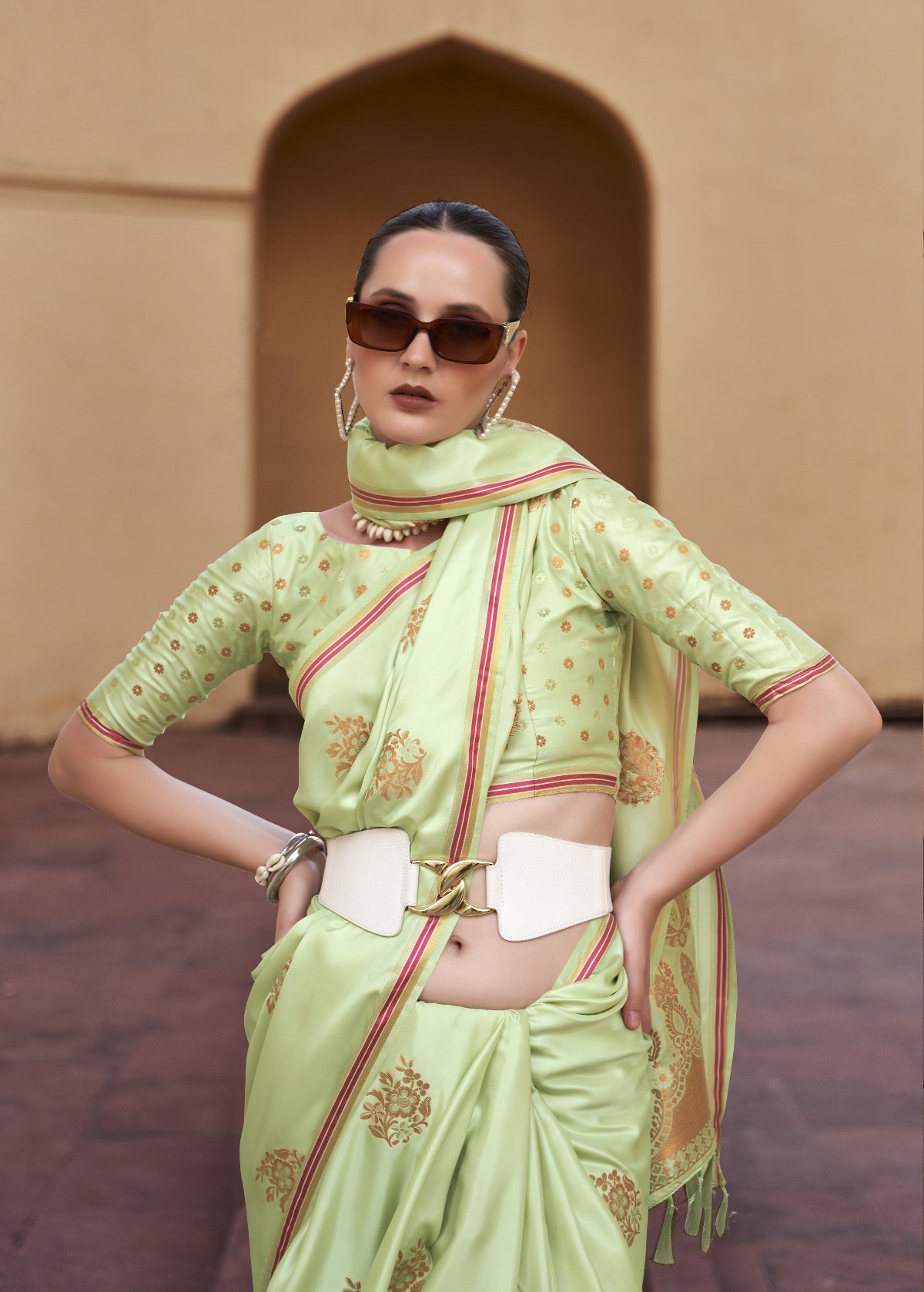 Tea Green Satin Silk Saree Online in India