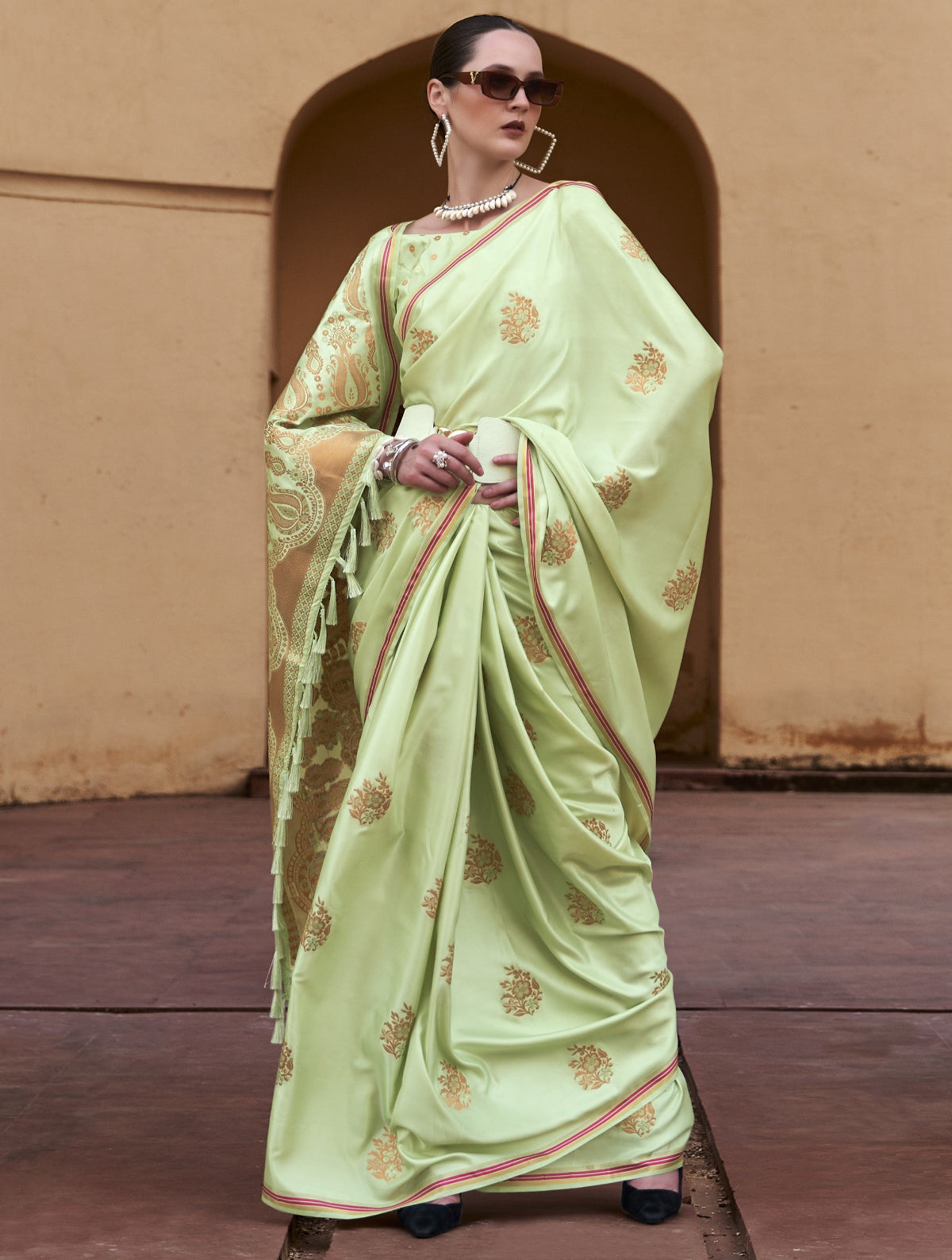Tea Green Satin Silk Saree Online in India