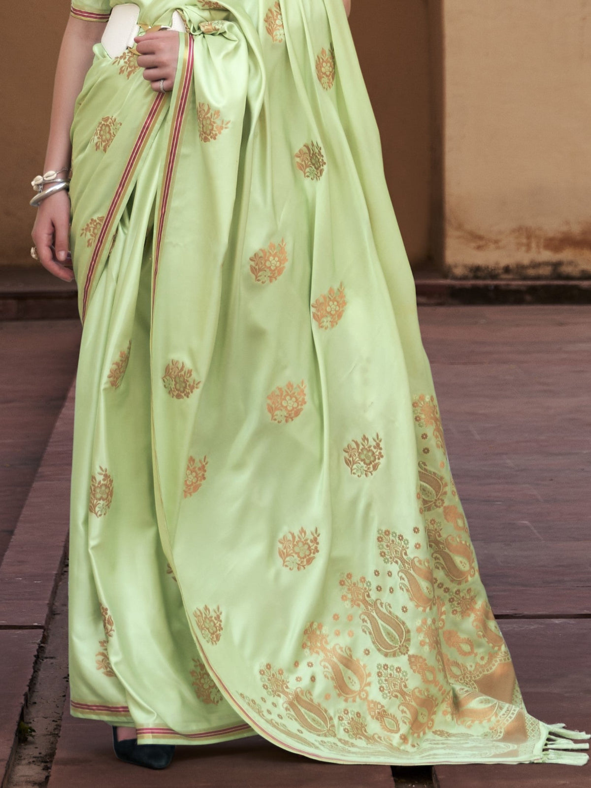 Tea Green Satin Silk Saree Online in India