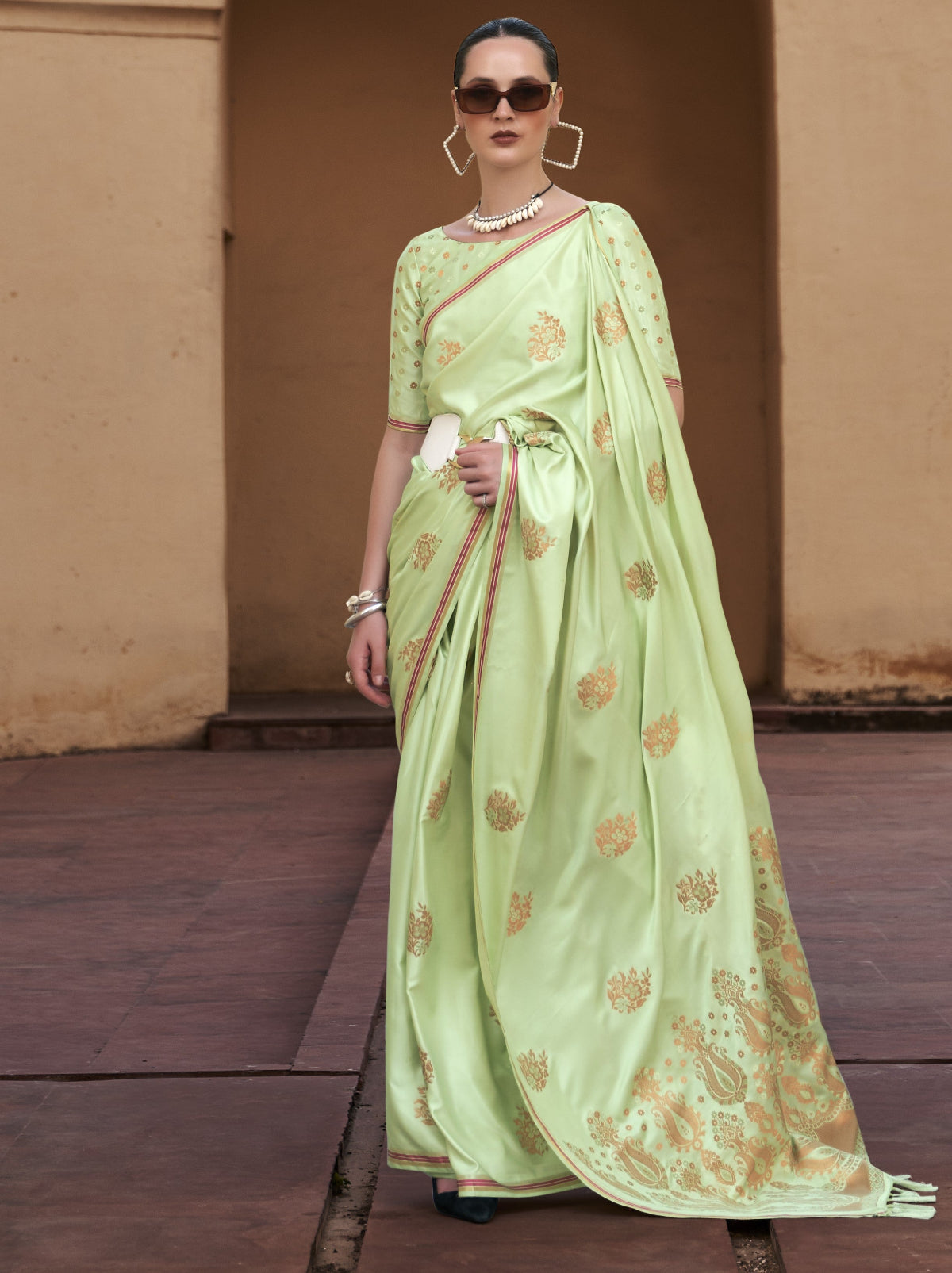 Tea Green Satin Silk Saree Online in India