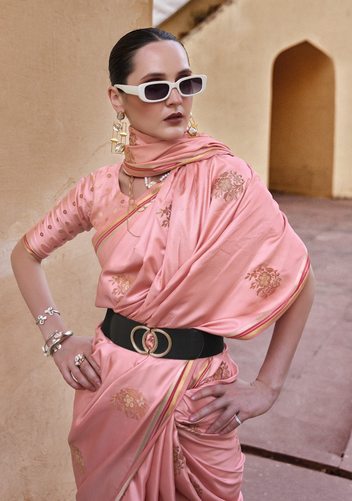 Salmon Pink Satin Silk Saree Online in India