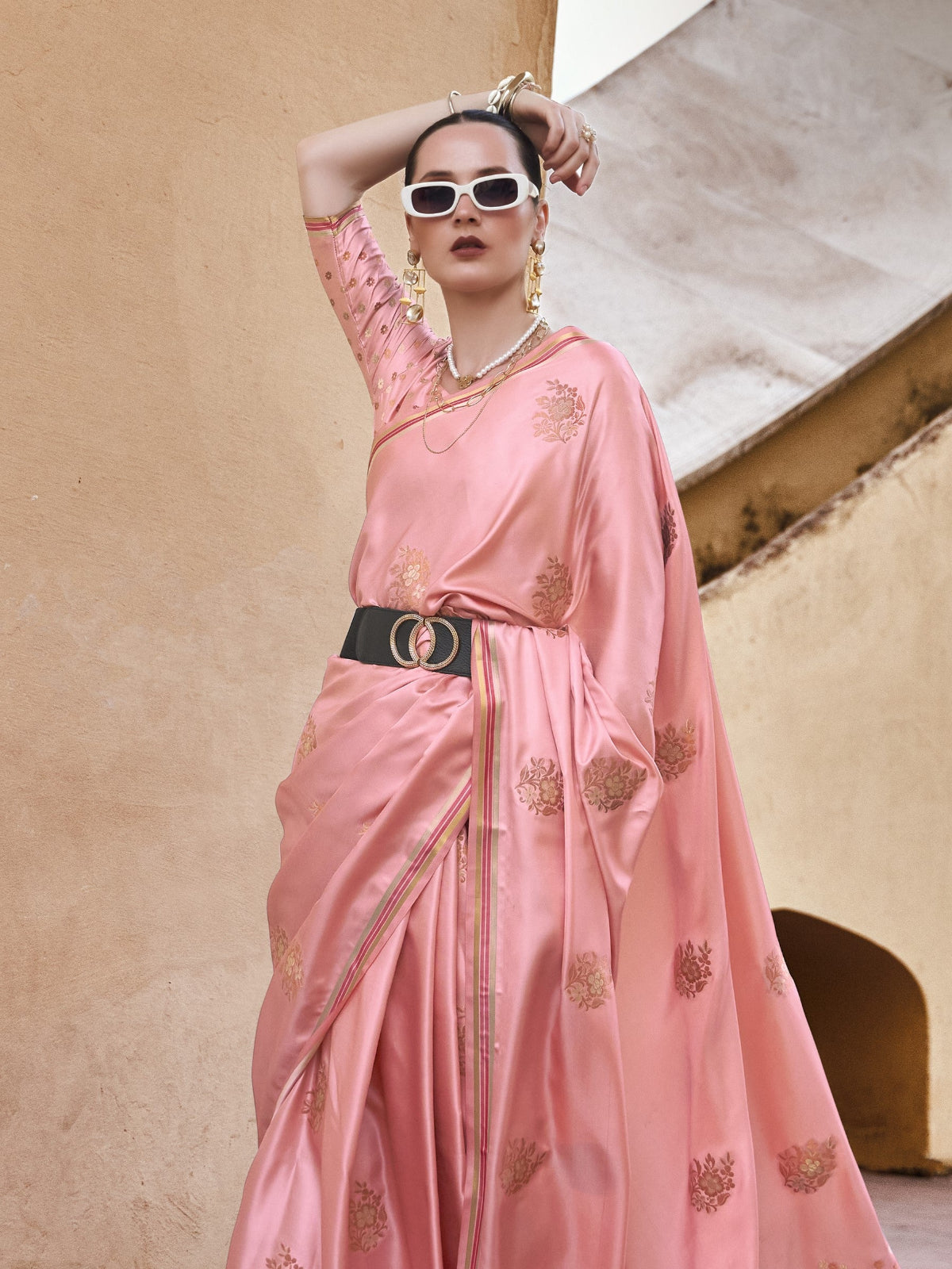 Salmon Pink Satin Silk Saree Online in India