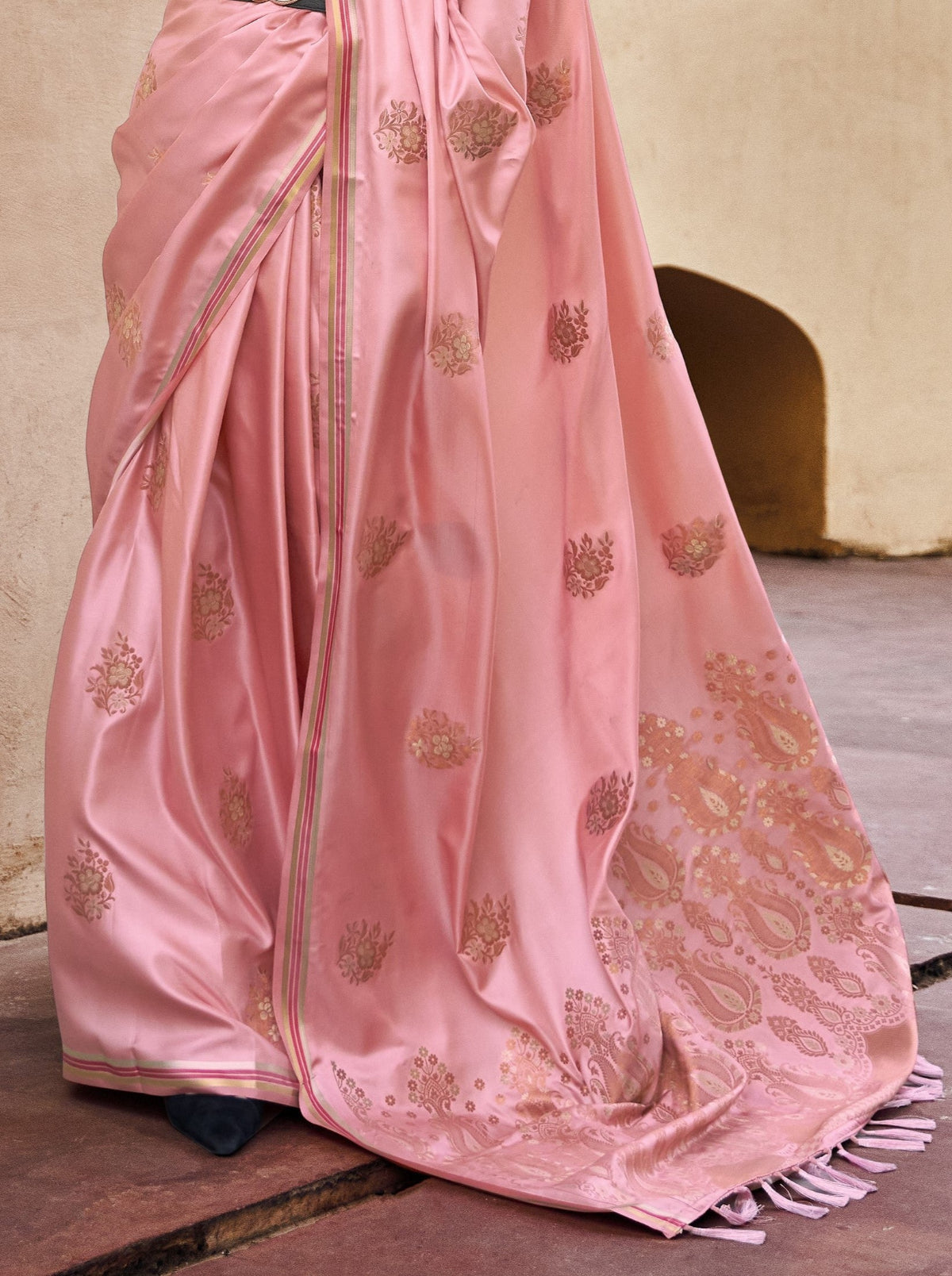 Salmon Pink Satin Silk Saree Online in India