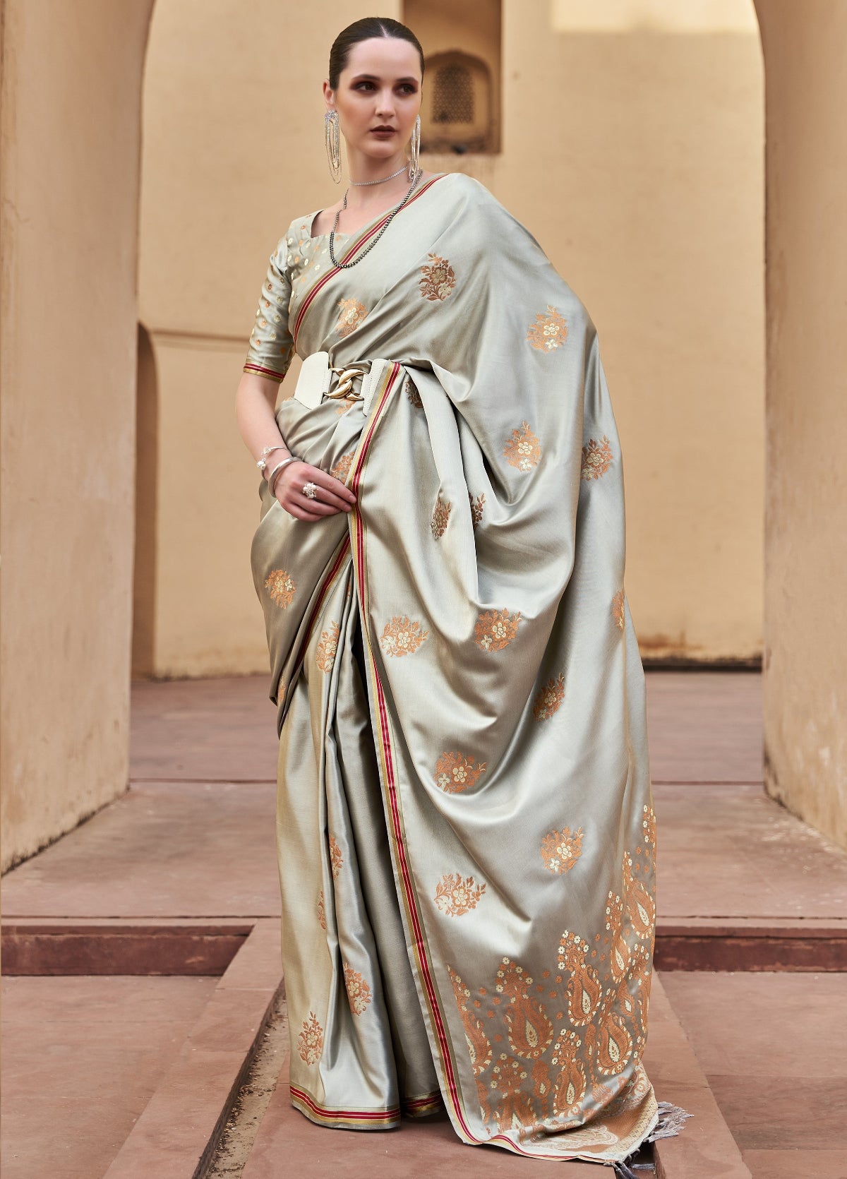 Grey Satin Silk Saree Online in India