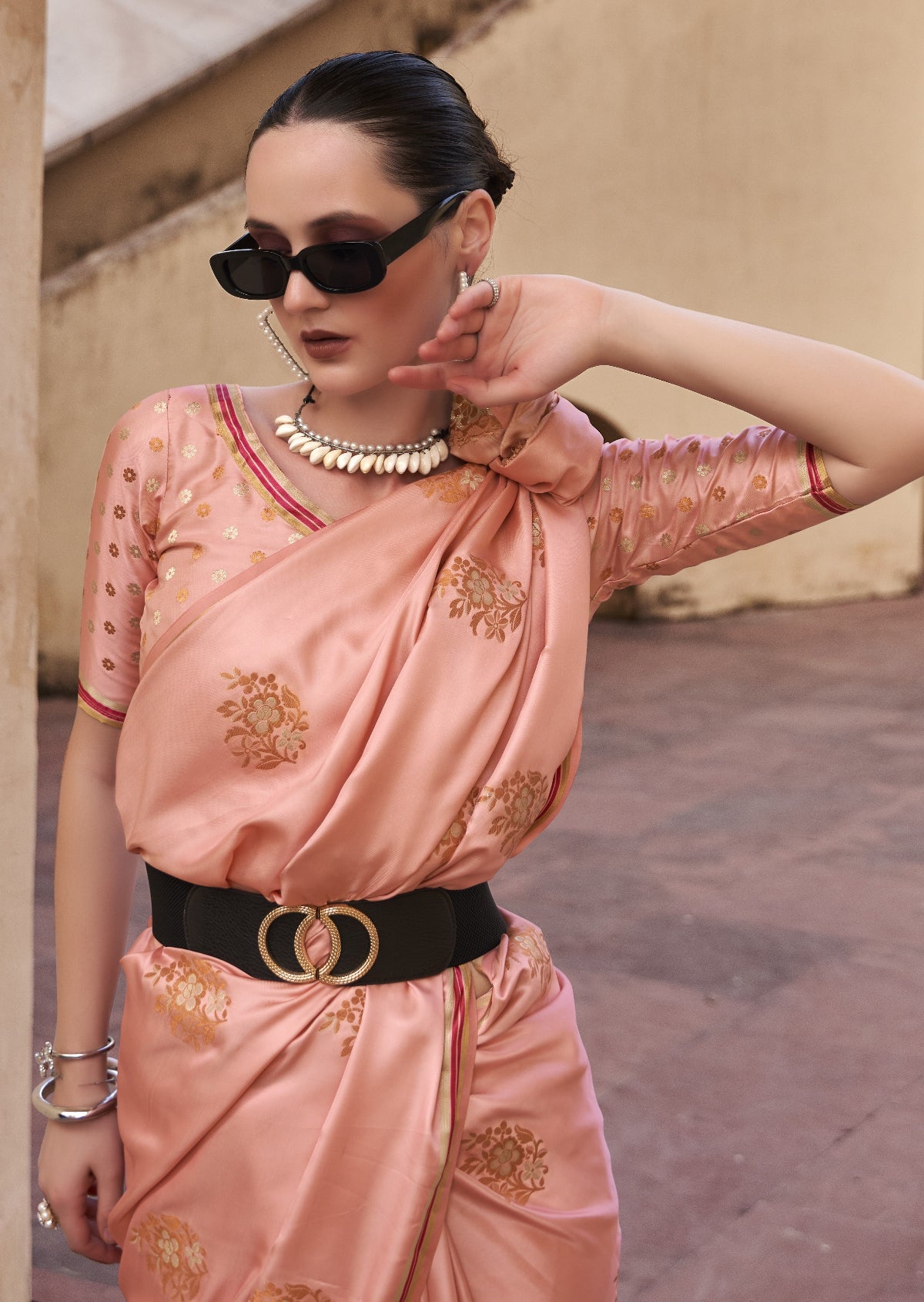 Salmon Peach Satin Silk Saree Online in India