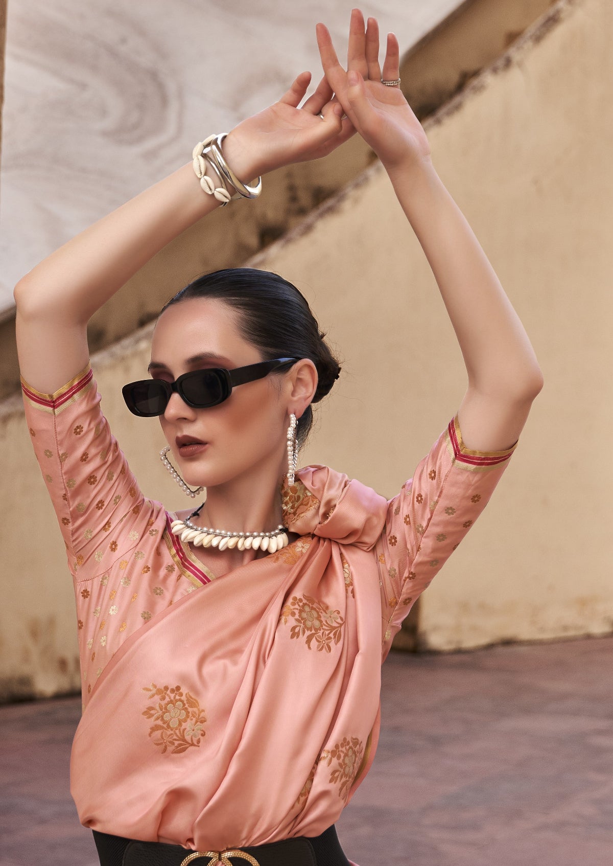 Salmon Peach Satin Silk Saree Online in India