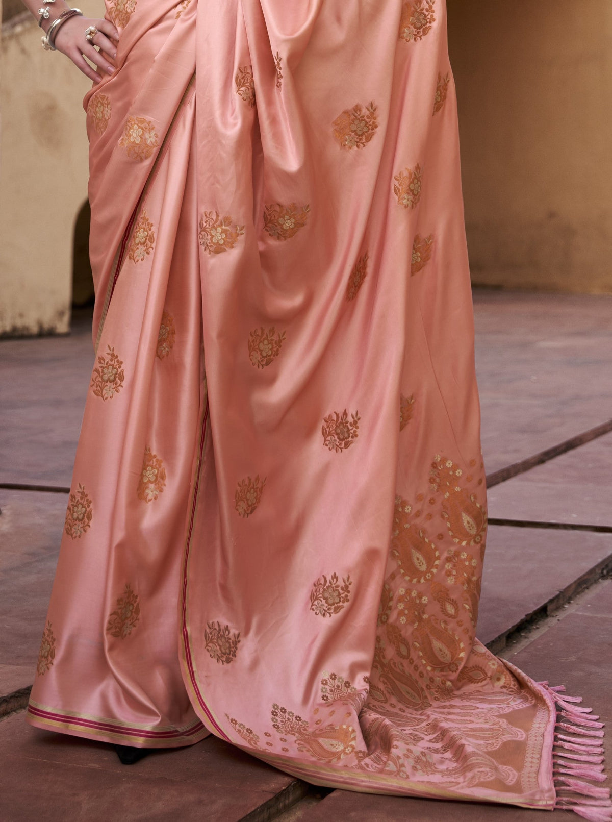 Salmon Peach Satin Silk Saree Online in India