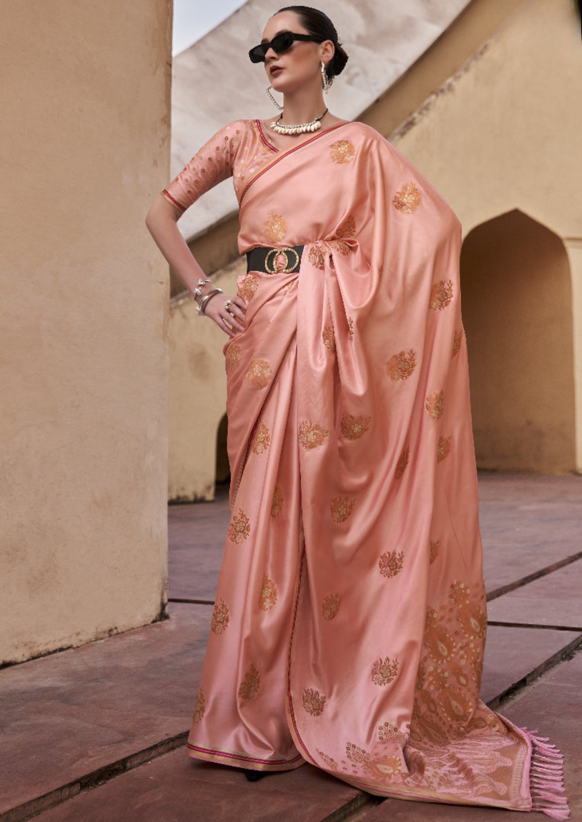 Salmon Peach Satin Silk Saree Online in India
