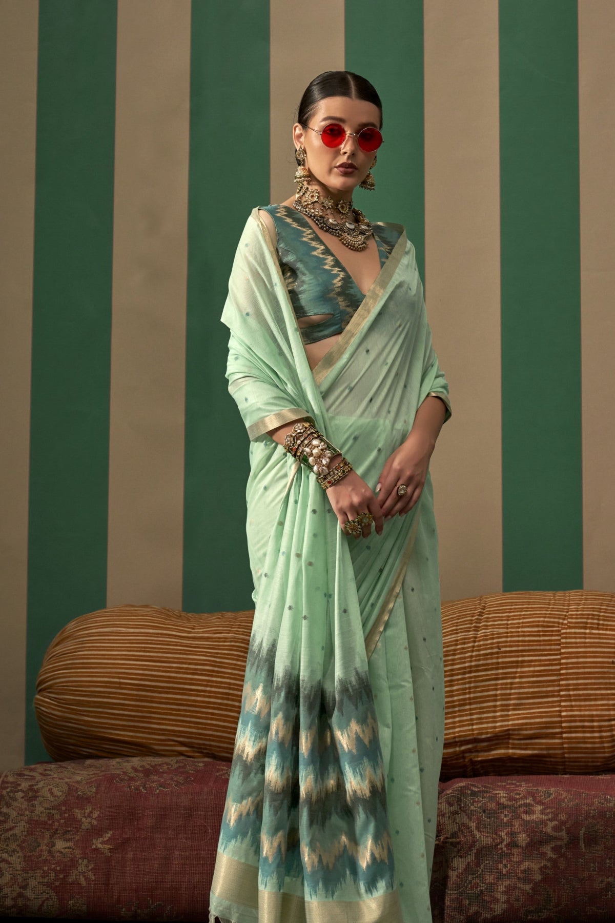 Pear Green Spun Handloom Woven Silk Saree Online in India