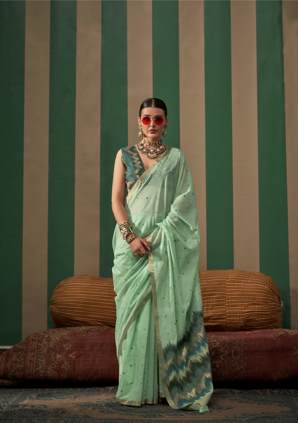 Pear Green Spun Handloom Woven Silk Saree Online in India
