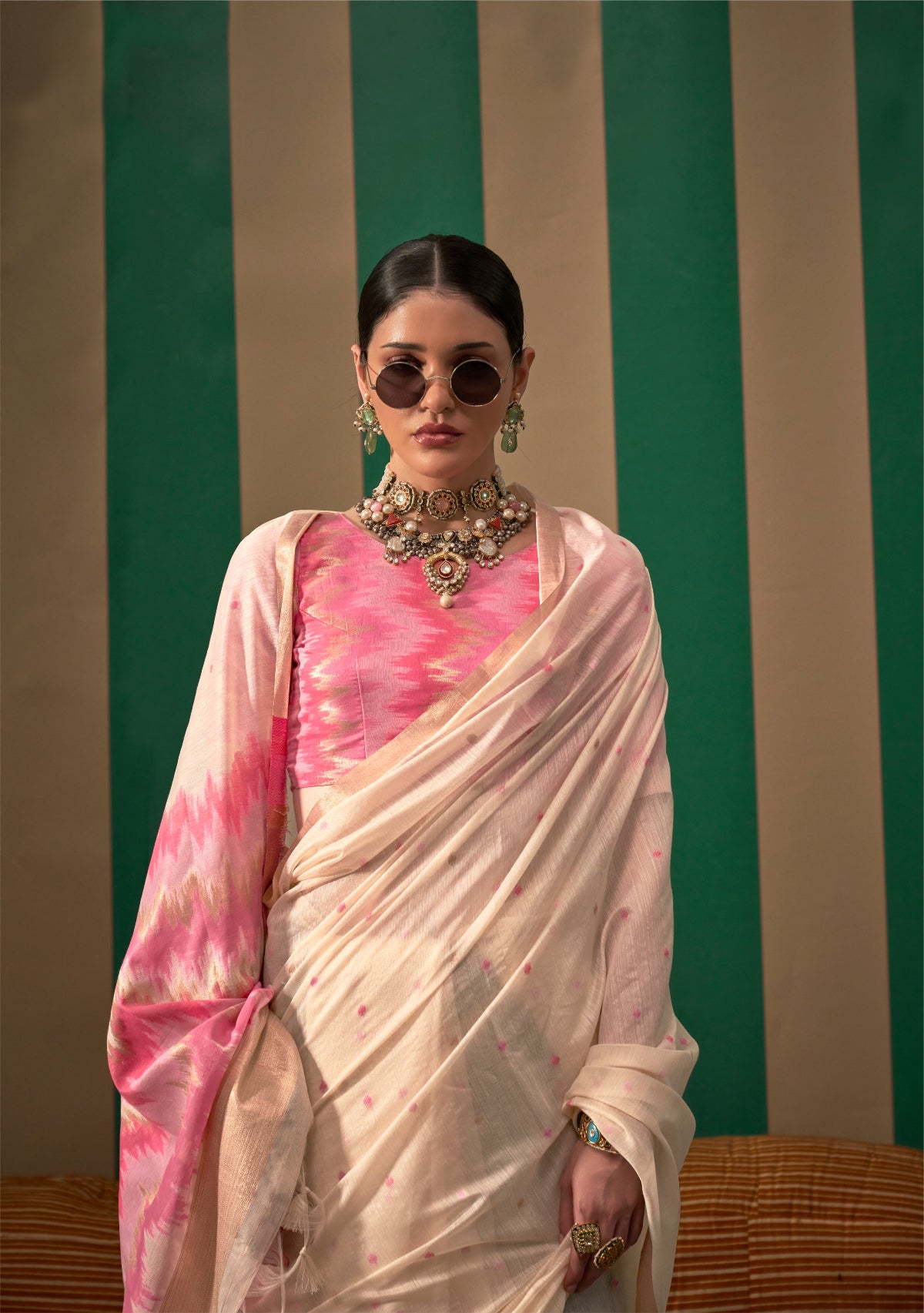 Pearl White Spun Handloom Woven Silk Saree Online in India