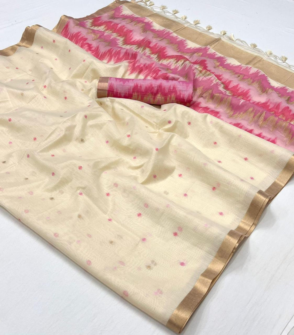 Pearl White Spun Handloom Woven Silk Saree Online in India