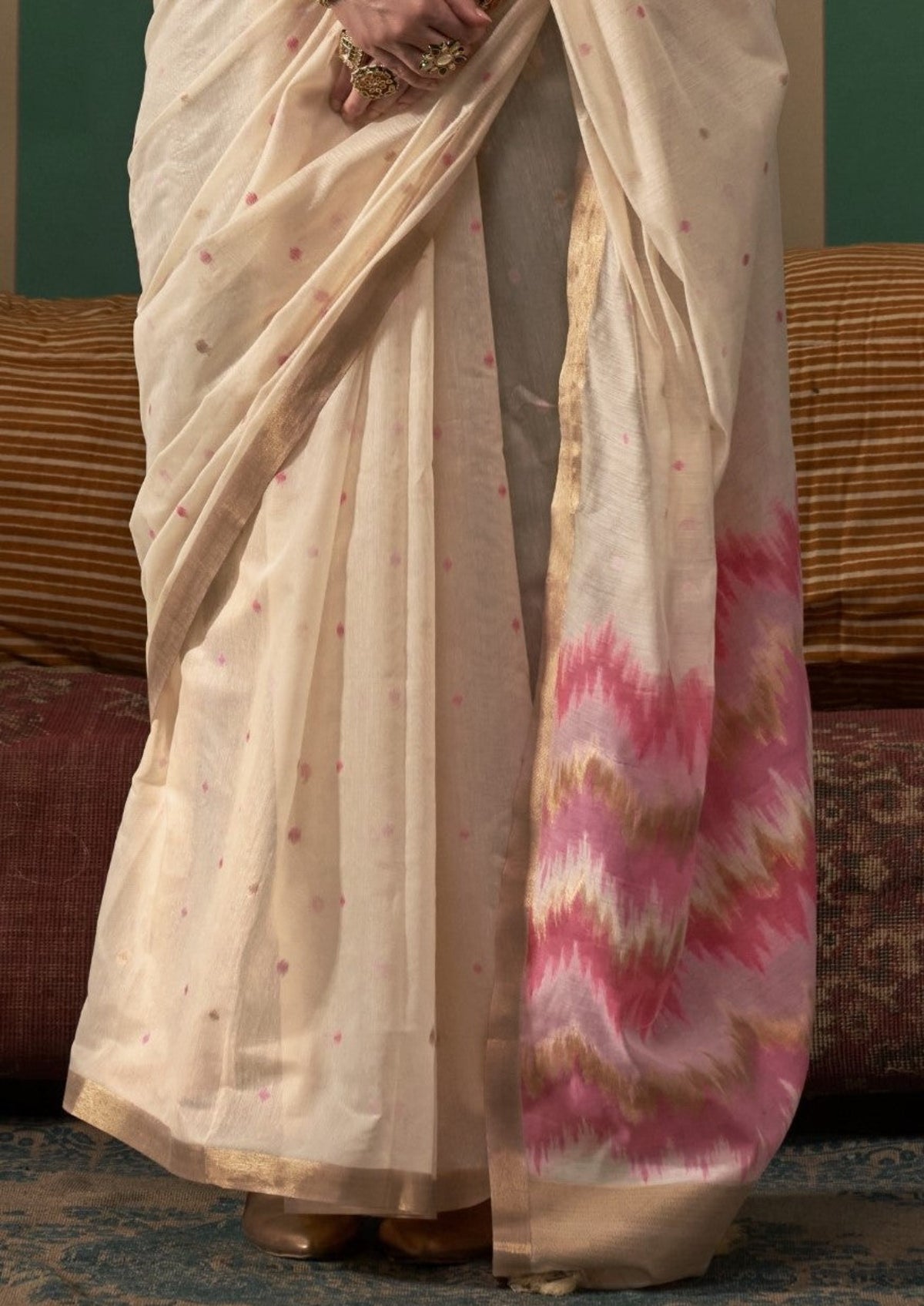 Pearl White Spun Handloom Woven Silk Saree Online in India