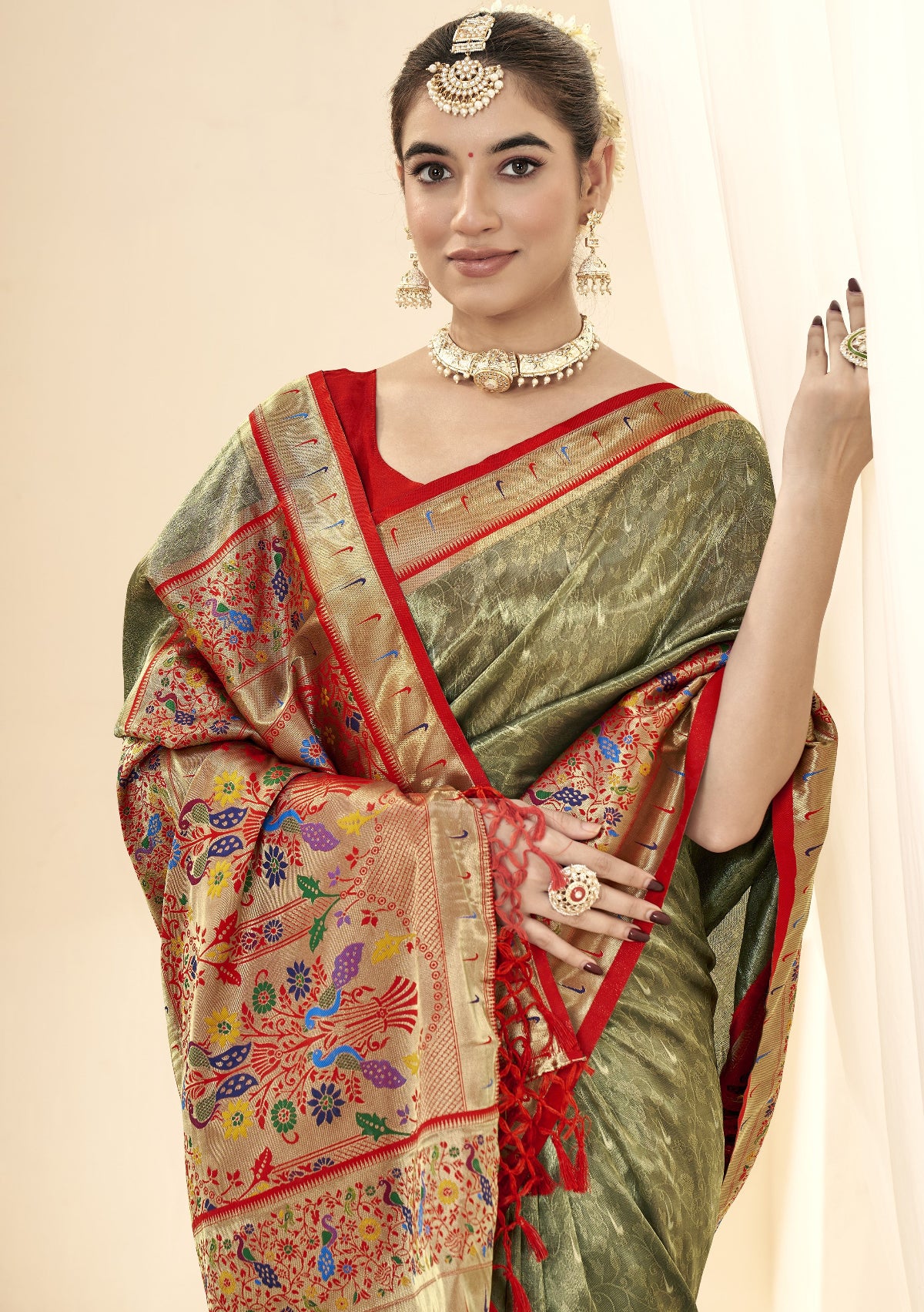Olive Green Tissue Silk Paithani Saree Online Store in India