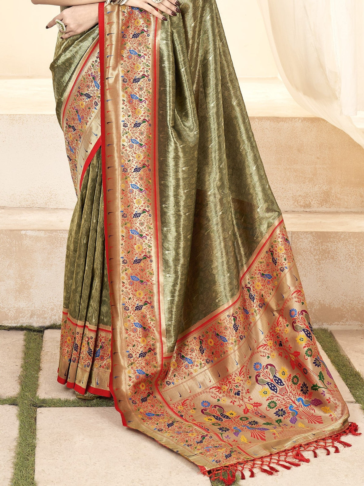 Olive Green Tissue Silk Paithani Saree Online Store in India