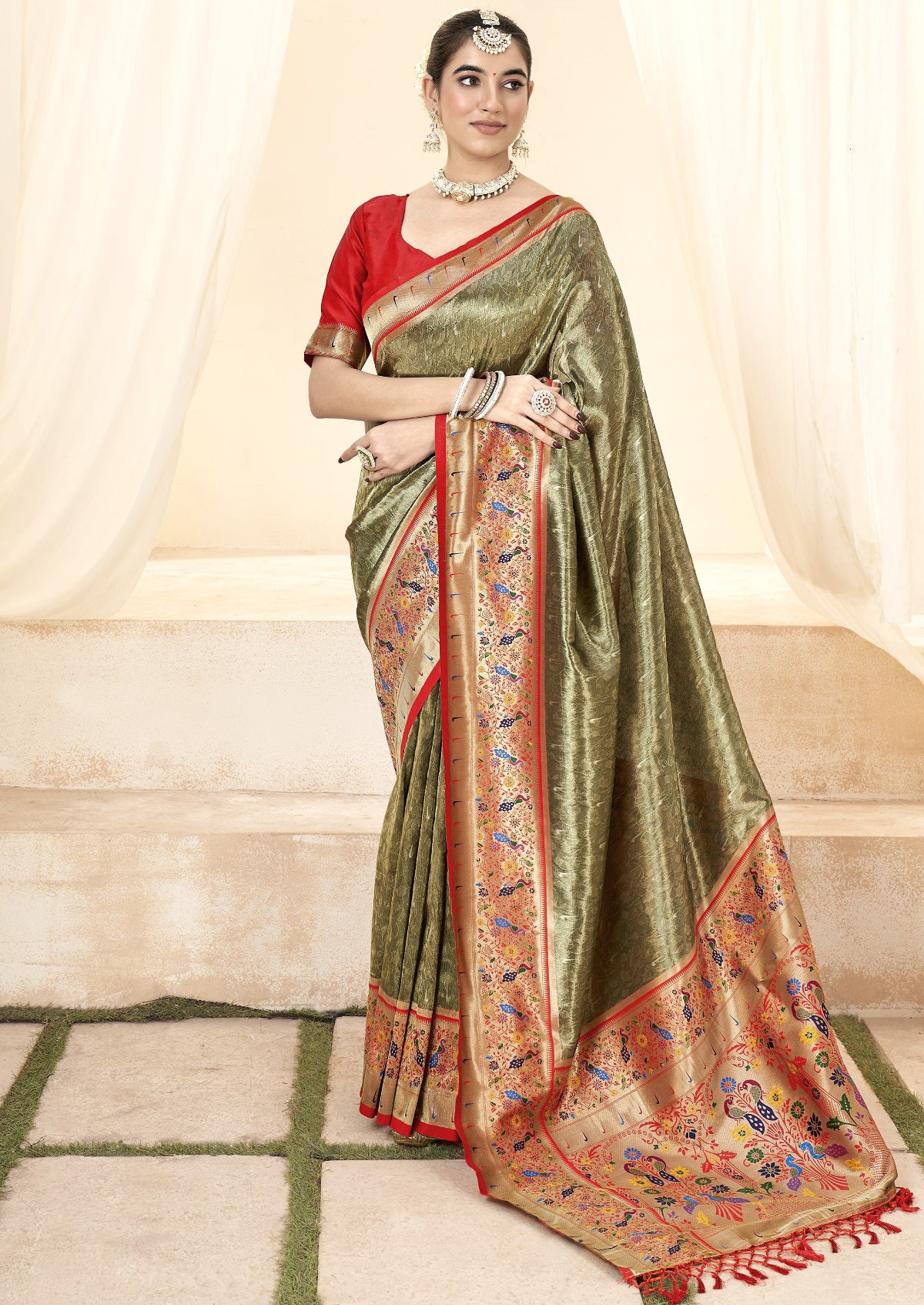 Olive Green Tissue Silk Paithani Saree Online Store in India