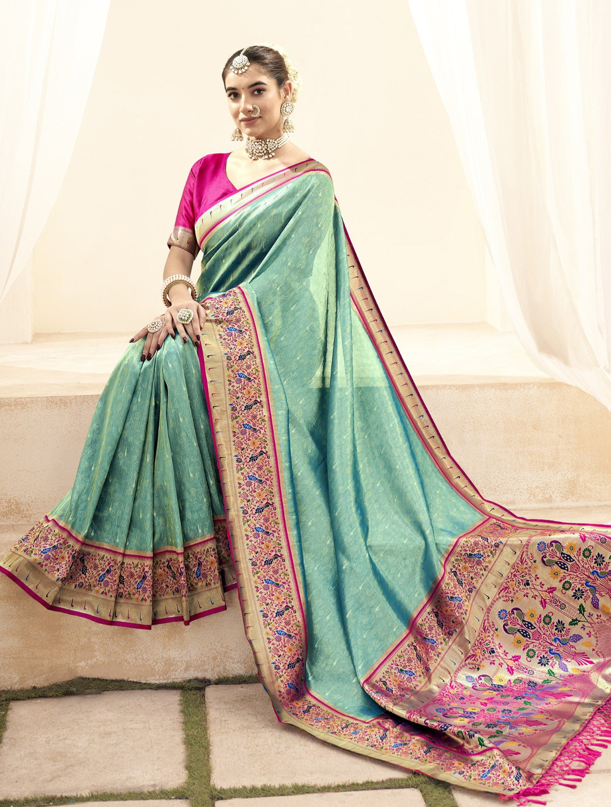 Pear Green Tissue Silk Paithani Saree Online Store in India