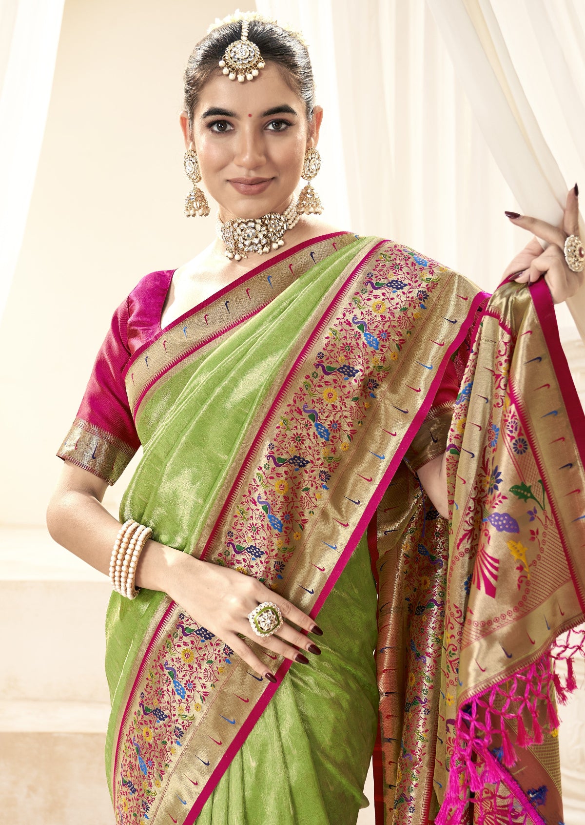 Bright Green Tissue Silk Paithani Saree Online Store in India