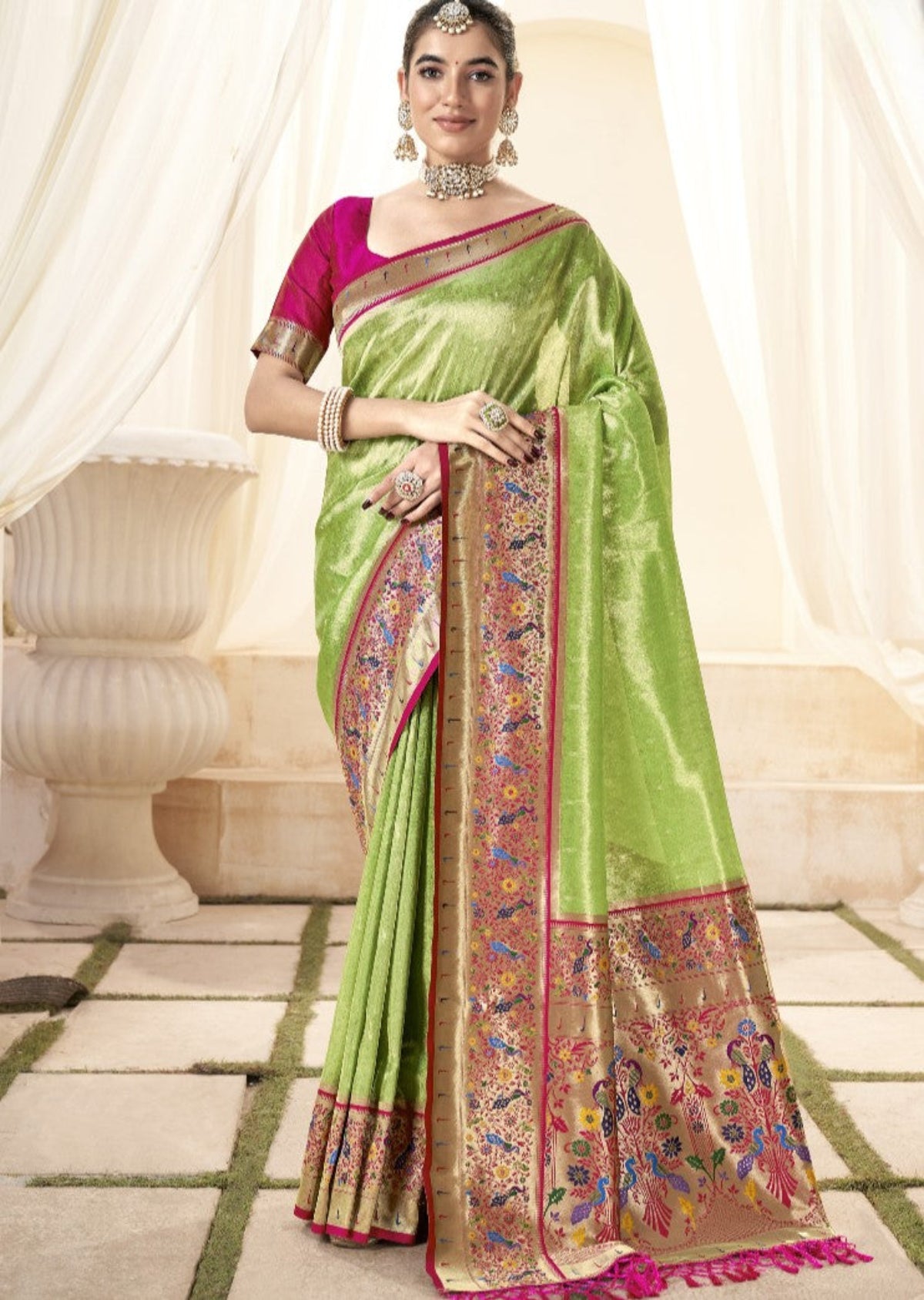 Bright Green Tissue Silk Paithani Saree Online Store in India