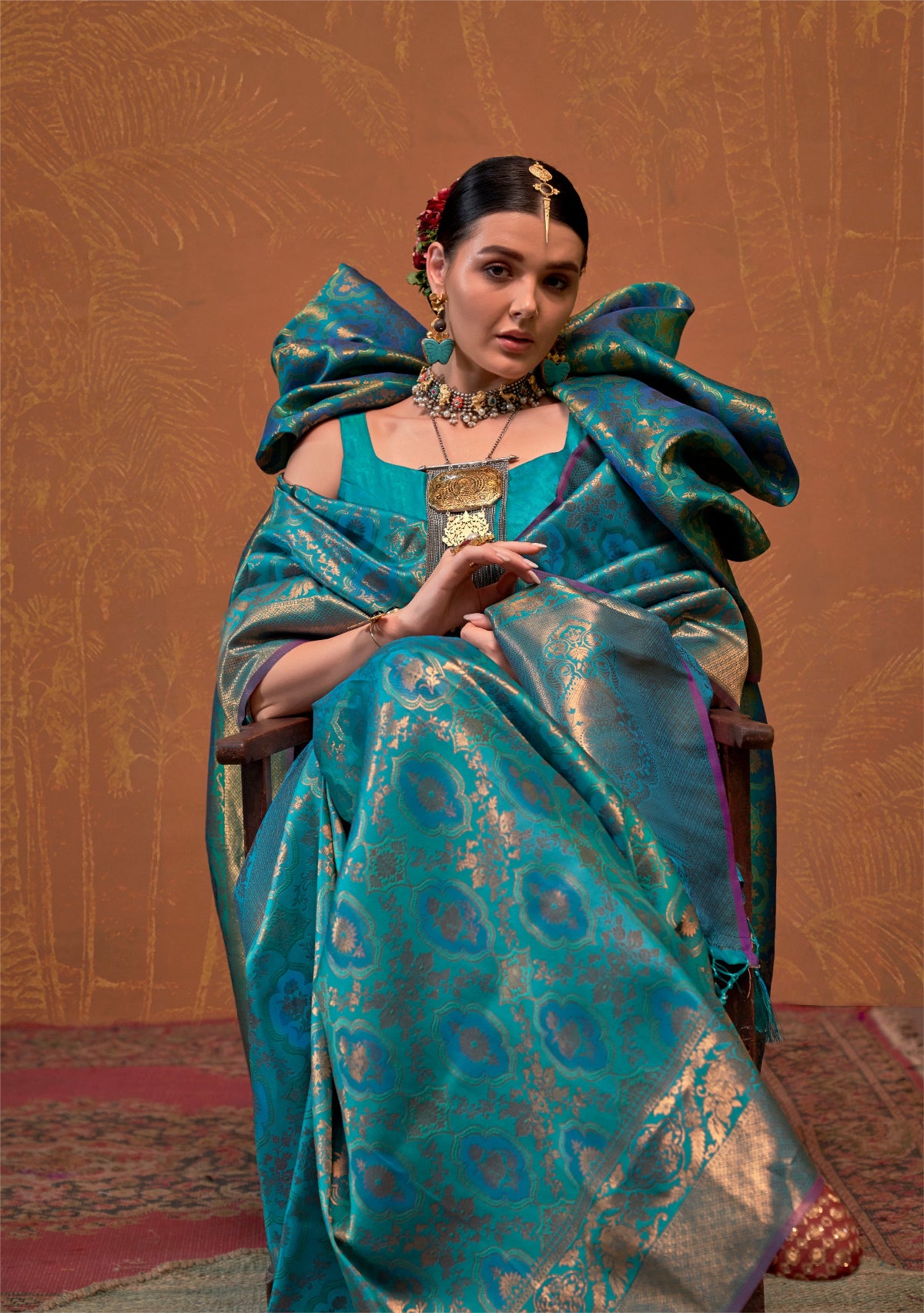 Teal Blue Handloom Woven Silk Saree Shop KanjiVaram Sarees Online in India & USA