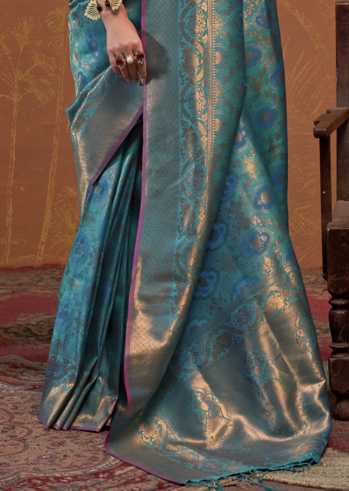 Teal Blue Handloom Woven Silk Saree Shop KanjiVaram Sarees Online in India & USA