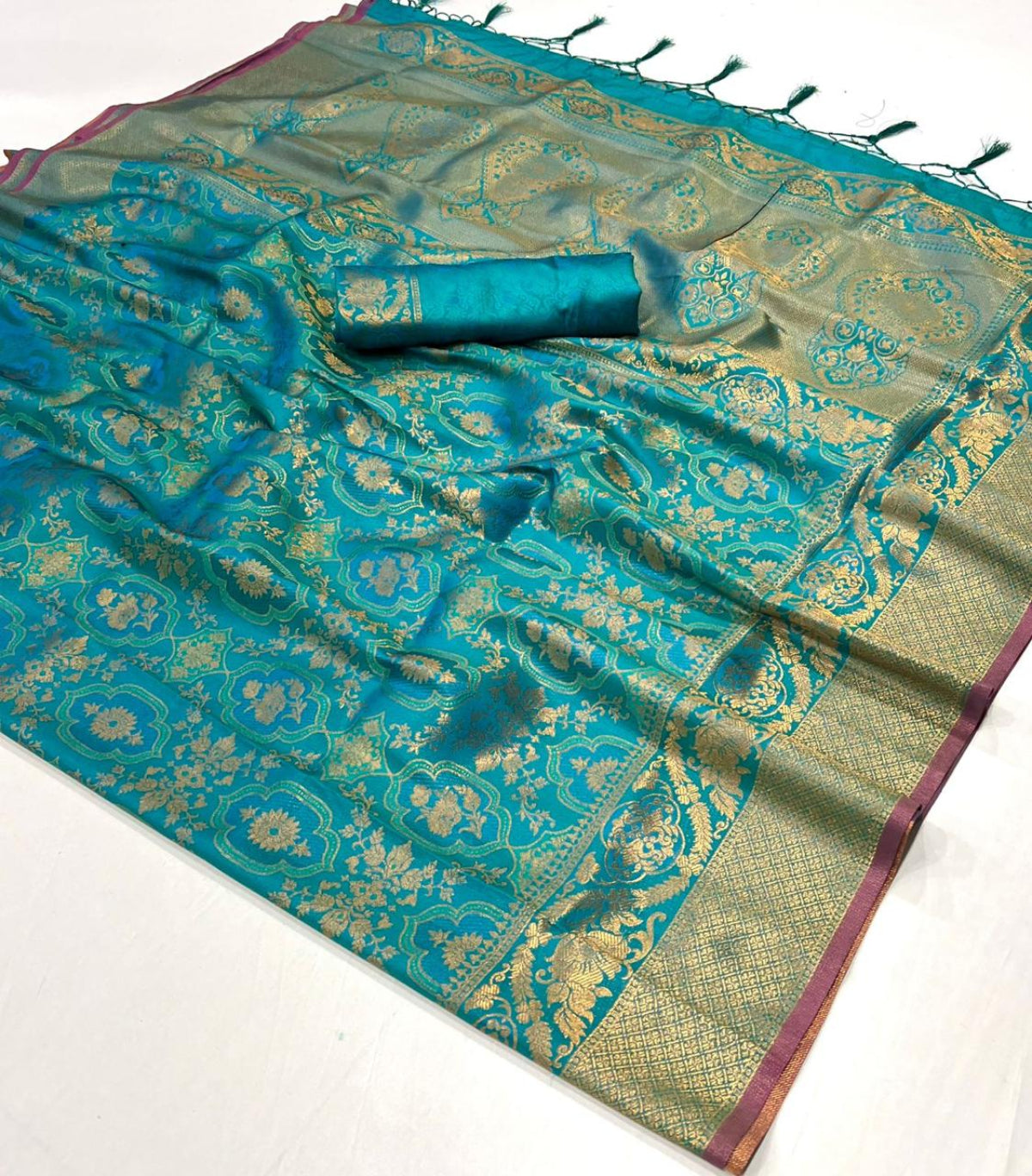 Teal Blue Handloom Woven Silk Saree Shop KanjiVaram Sarees Online in India & USA