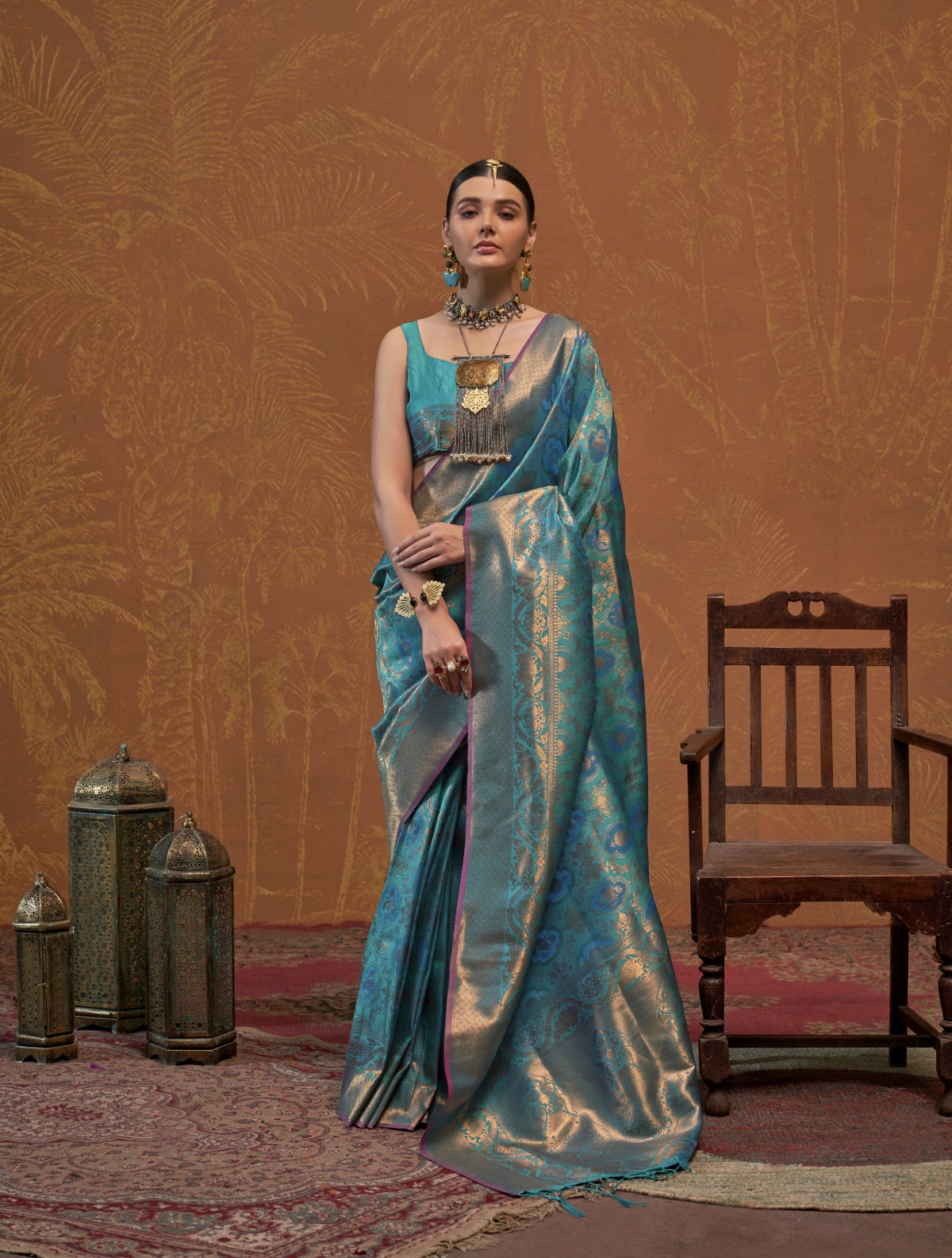 Teal Blue Handloom Woven Silk Saree Shop KanjiVaram Sarees Online in India & USA