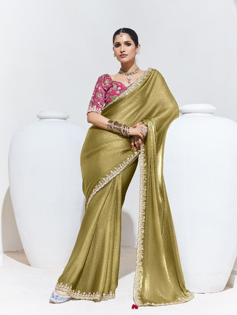 Olive Green Crush Tissue Silk Saree With Designer Blouse