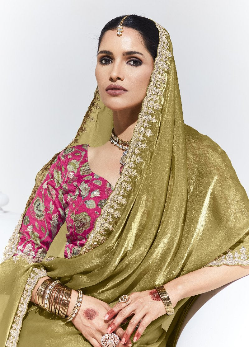 Olive Green Crush Tissue Silk Saree With Designer Blouse