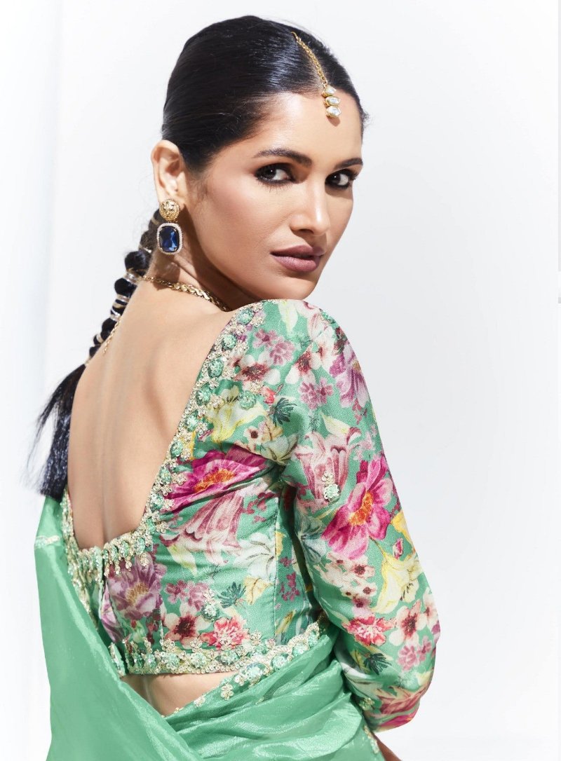 Mint Green Crush Tissue Silk Saree With Designer Blouse