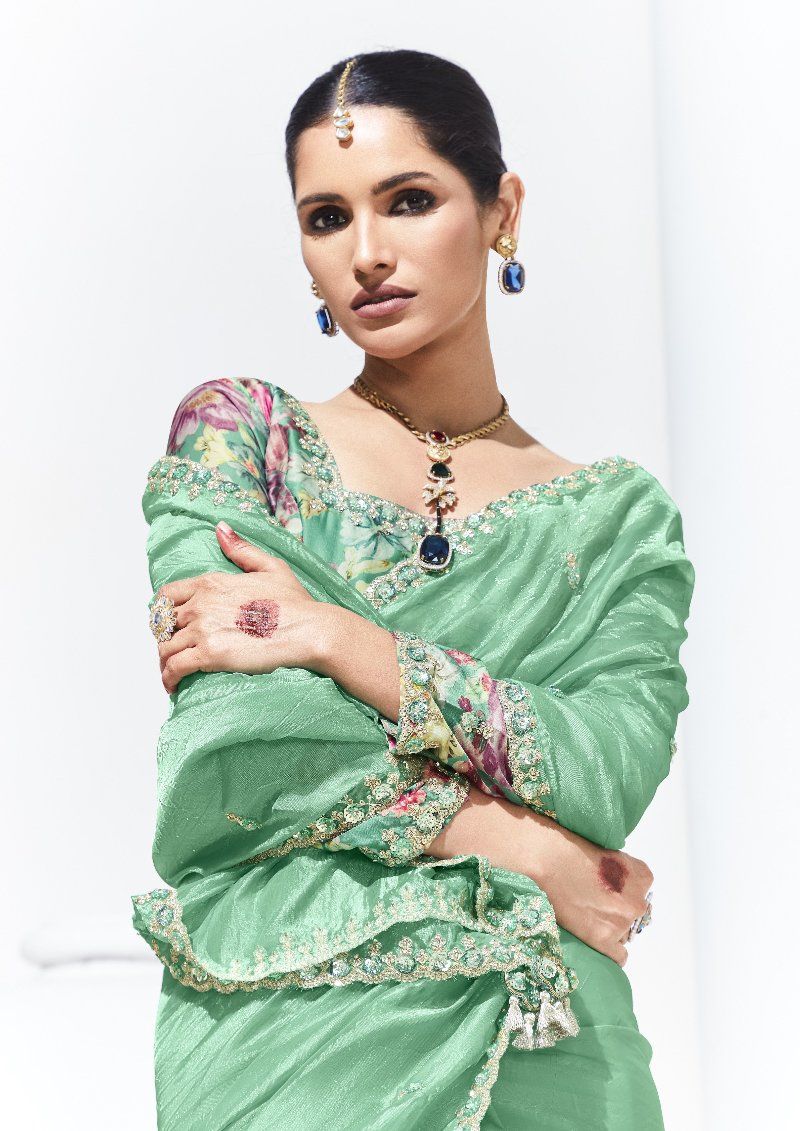Mint Green Crush Tissue Silk Saree With Designer Blouse