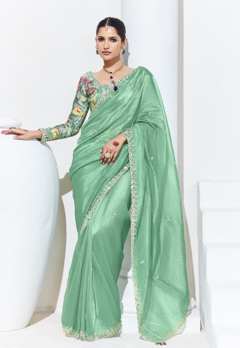 Mint Green Crush Tissue Silk Saree With Designer Blouse