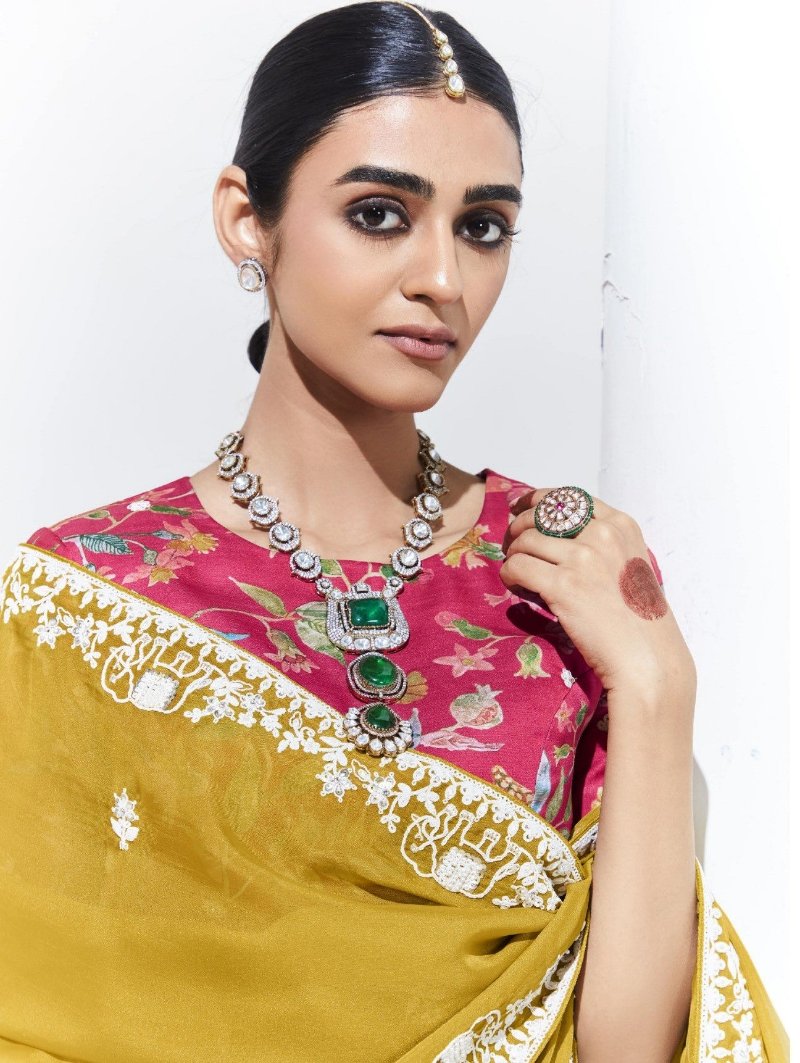 Mustard Yellow Crush Tissue Silk Saree With Designer Blouse