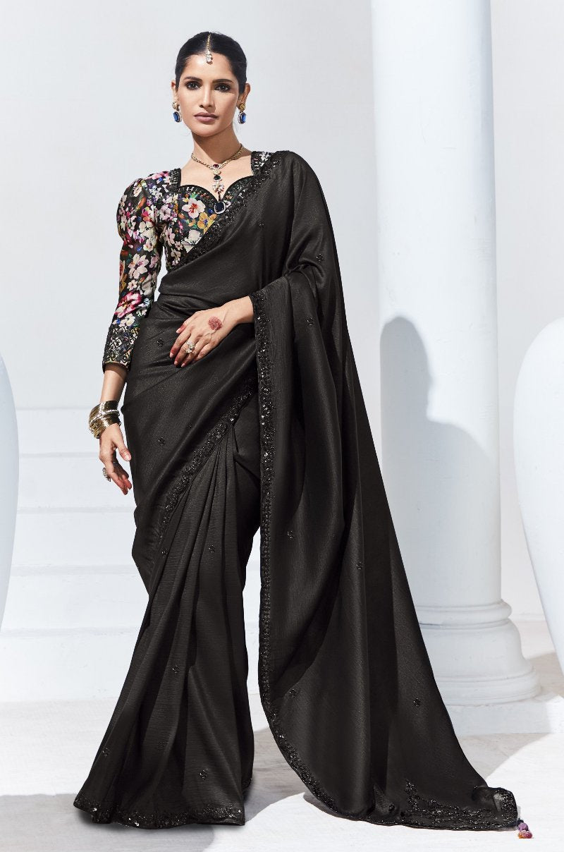 Ash Black Crush Tissue Silk Saree With Designer Blouse