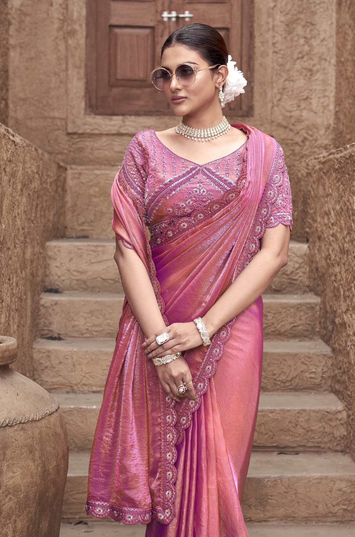 Shop Pink Tissue Silk Saree Online-STORI
