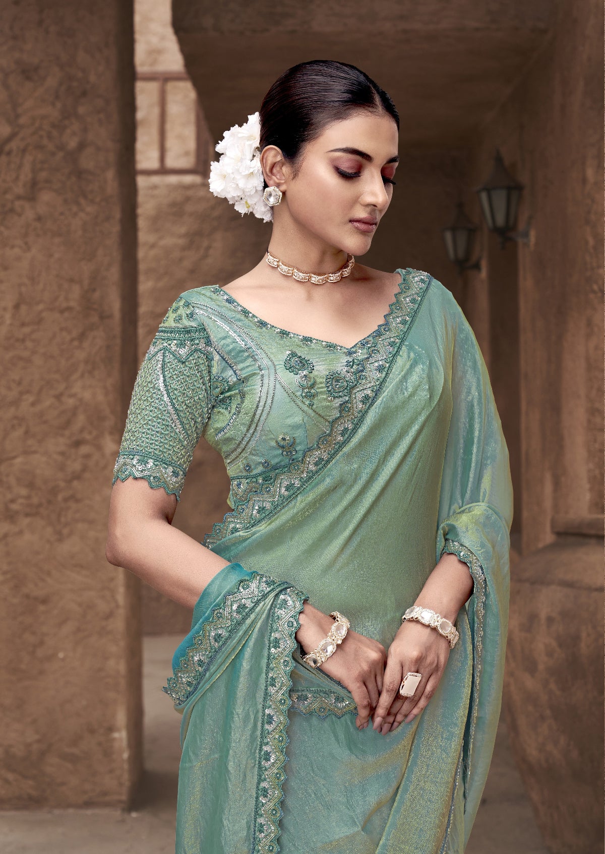 Shop Green Tissue Silk Saree Online-STORI