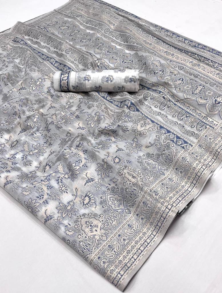 Pale Grey Kafreen Kani Handloom Woven Silk Saree