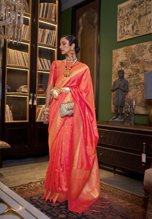 Orange Red Zari Woven Broad Floral Border Handloom Silk Saree