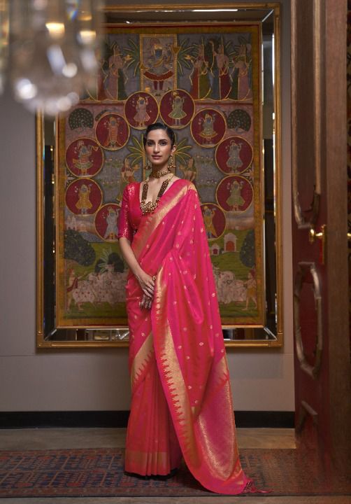 Bright Pink Zari Woven Broad Floral Border Handloom Silk Saree