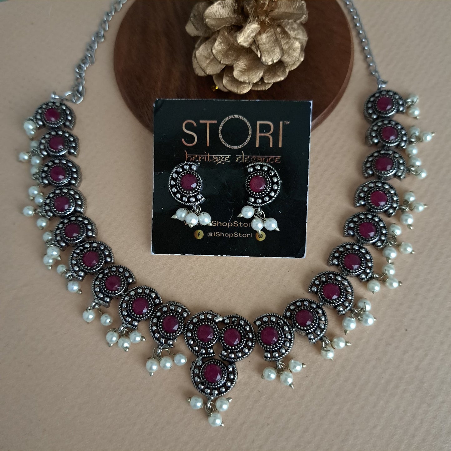 Rutuja Studded Stone Oxidised Necklace Set