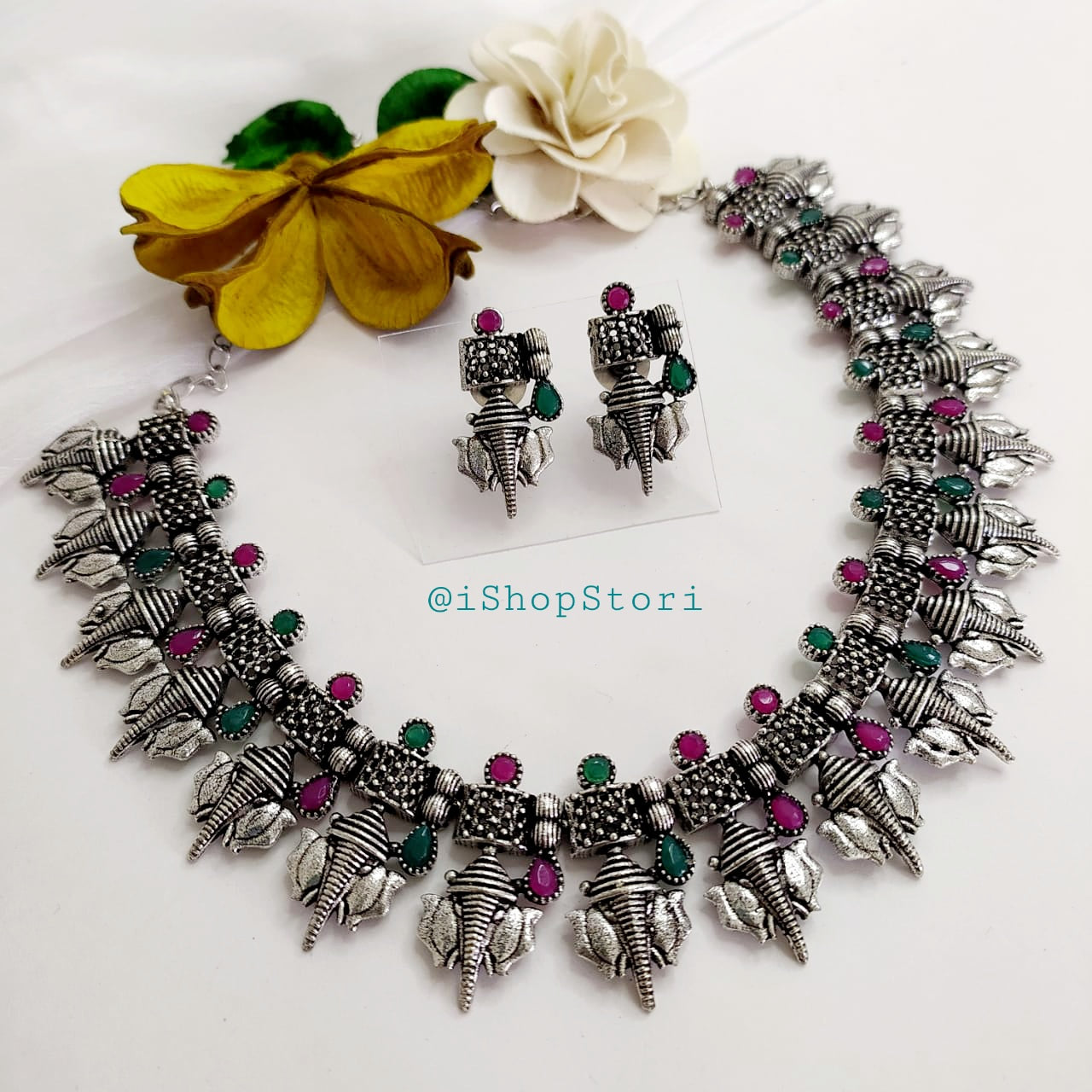 Gajanana Oxidised Necklace Set with Silver Polish